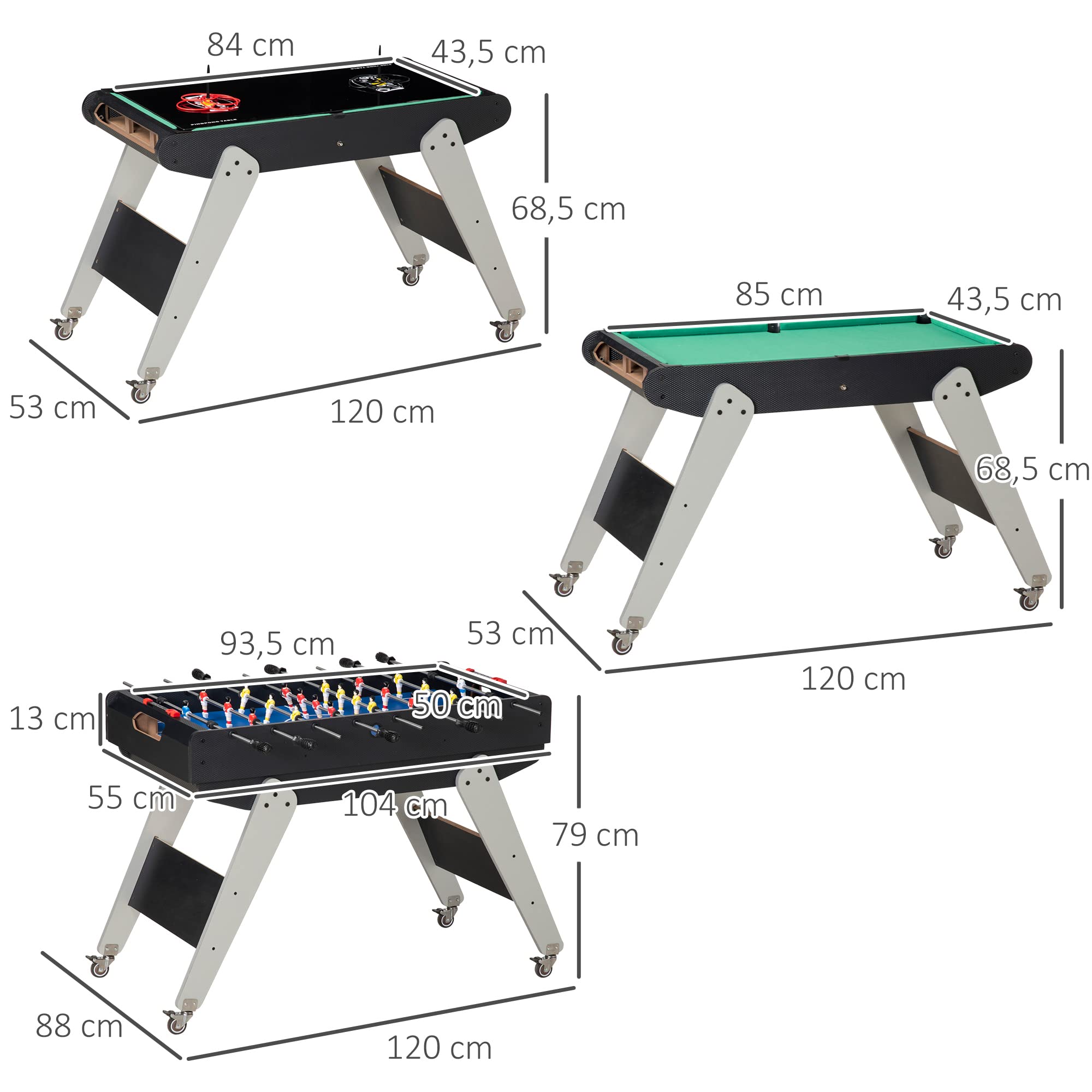 HOMCOM 6 en 1 Mesa Multijuegos para Niños de 7+ Años con Ruedas Mesa de Billar Ping Pong Futbolín Aro de Lanzamiento Hockey sobre Hielo Aire Hockey para Hogar Familia 120x88x79 cm Negro y Gris