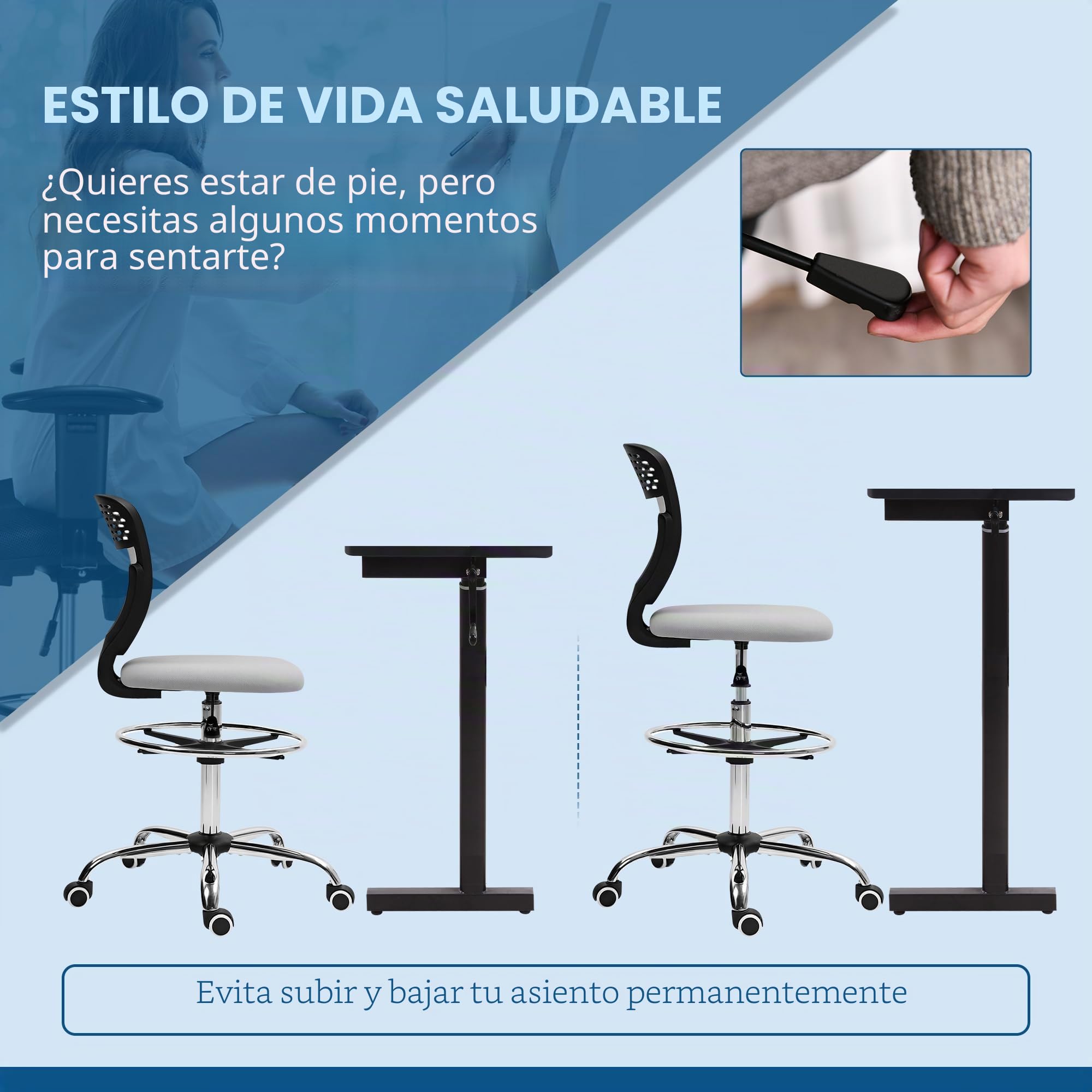 Vinsetto Silla de Oficina ergonómica Taburete de Oficina con reposapiés y sin reposabrazos, Silla de Dibujo de Respaldo Medio de Malla, Altura Ajustable, Asiento Acolchado y Giratorio 360° Gris Claro