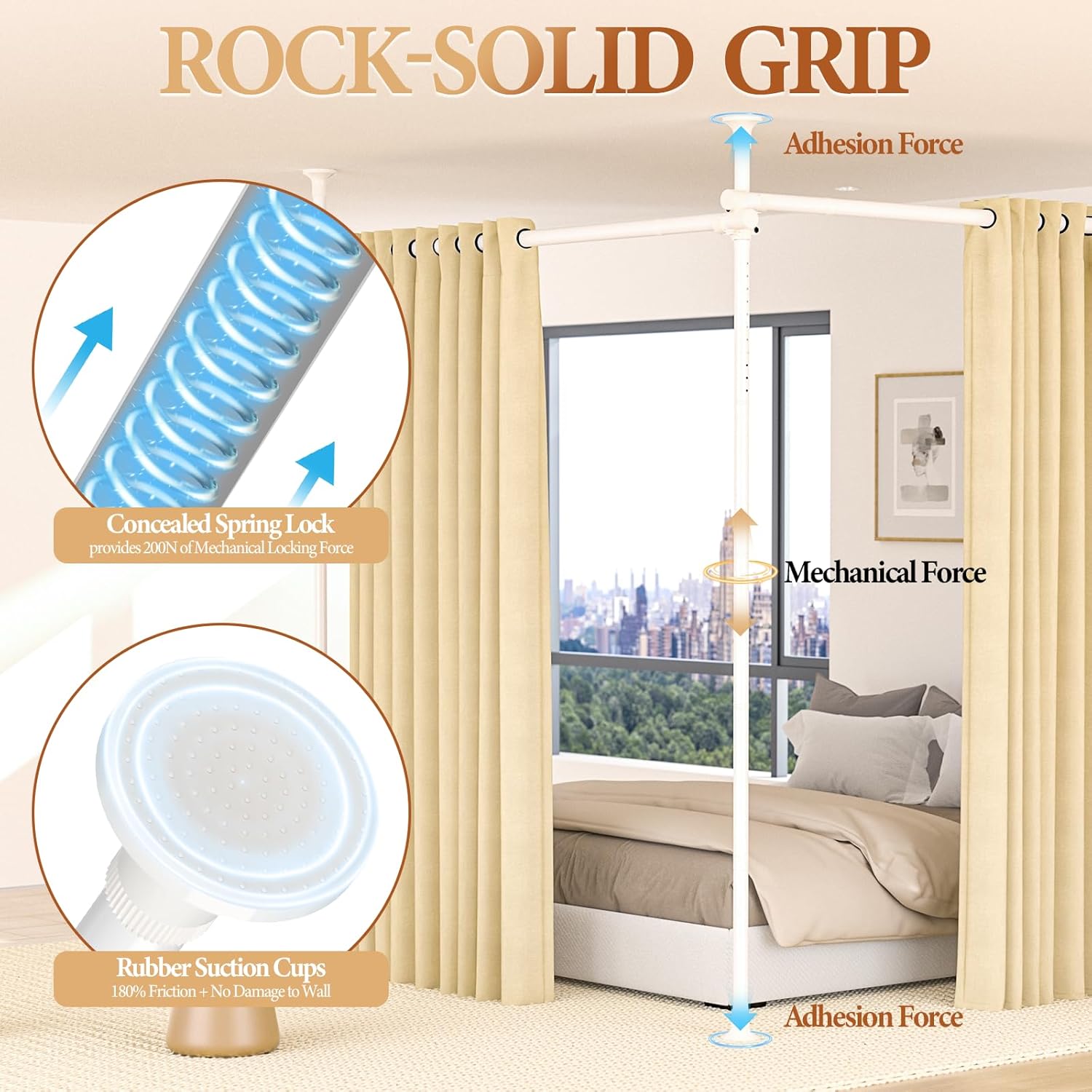 Room Divider Curtain Rod No Drilling, 4-9ft (H) 28-142inch(W) Adjustable Heavy Duty Floor to Ceiling Tension Rod Wall Dividers, Easy Assembly Temporary Privacy Separator for Room Separation White