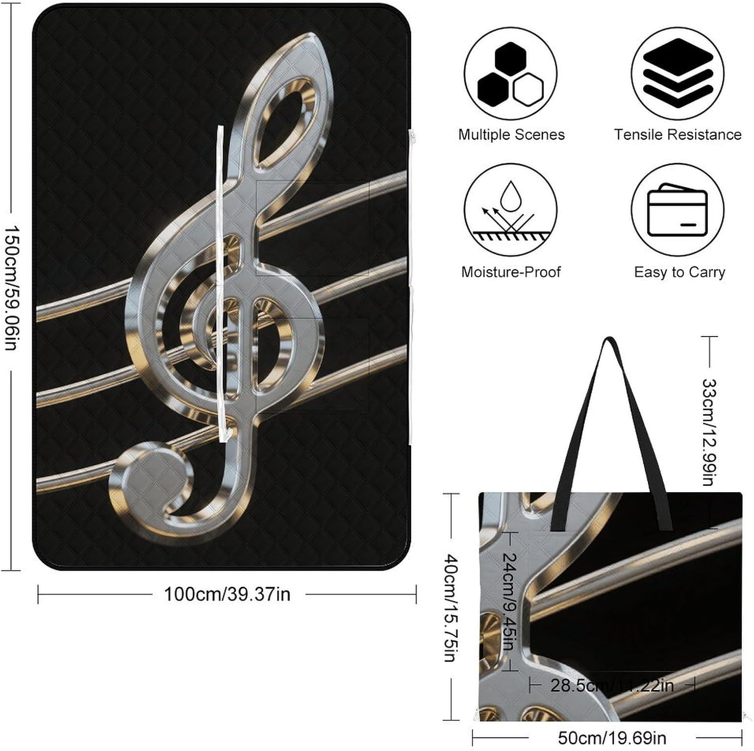 Black and White Musical Notes Picnic Blanket 150x100cm, Foldable 2-in-1 Picnic Mat and Tote Bag Portable Waterproof Beach Mat Sandproof Outdoor Blanket for Park, Hiking, Beach, Camping, Travel