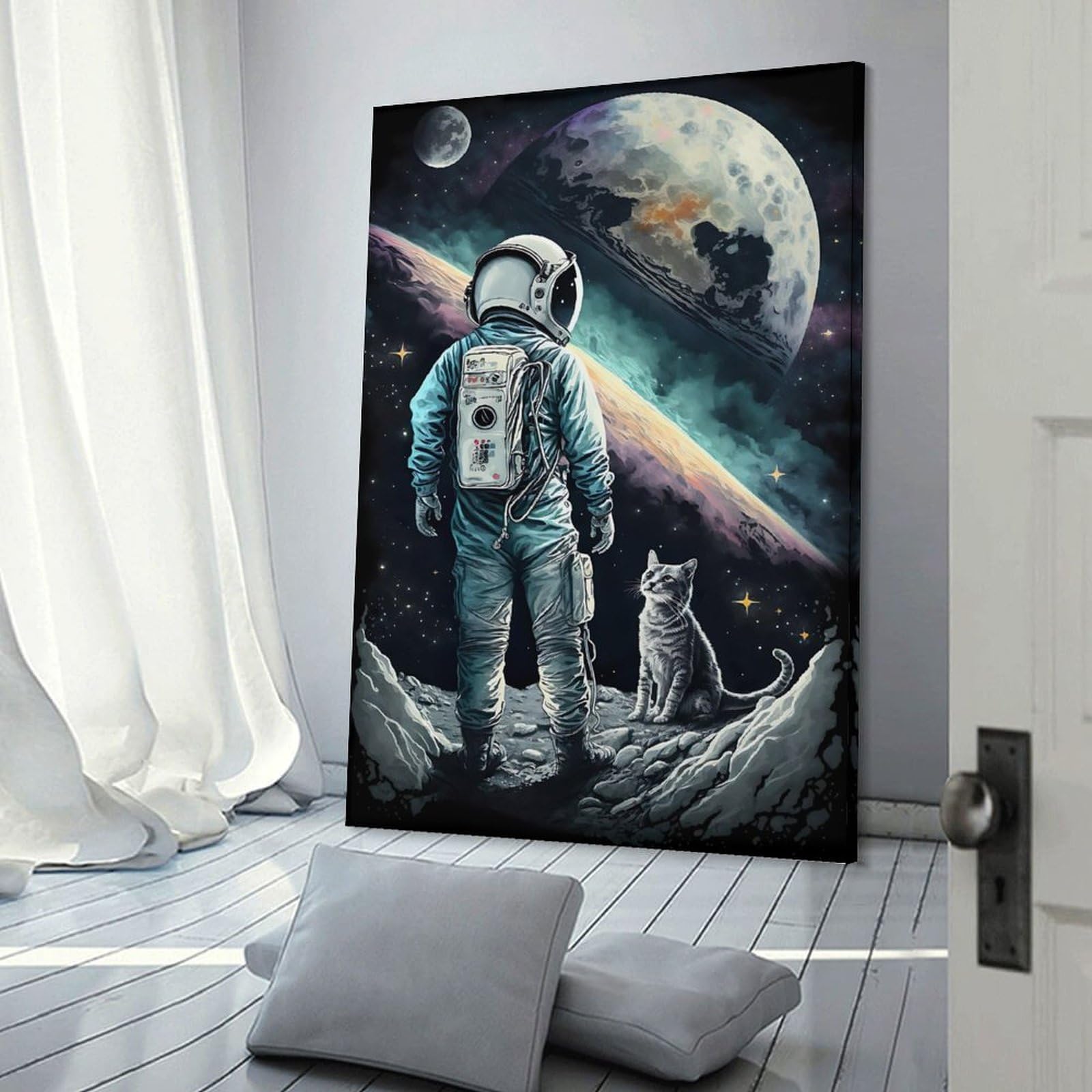 Junmoney Frame-Style Astronaut Cat Moon Space Decorative Wall Artwork 20X30inch(50X75cm), For Corridors, Hallways Or Apartment Entries, Home Artwork For First Impressions