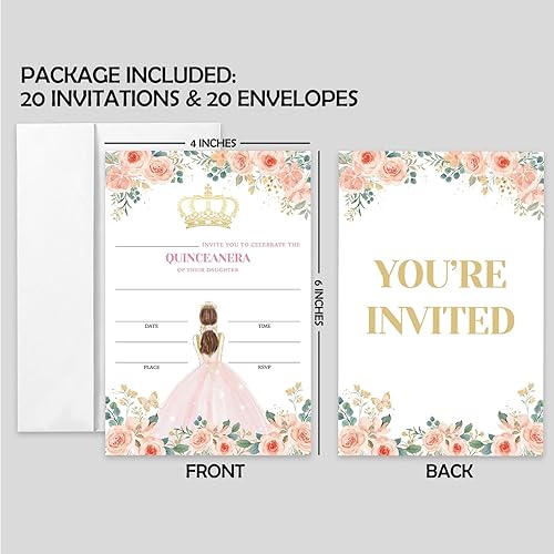 Miniatura 5 de AEHIE 20 juegos de invitaciones de relleno en forma de fiesta de quinceañera 15 con sobres, invitaciones de princesa rosa con corona floral rosa