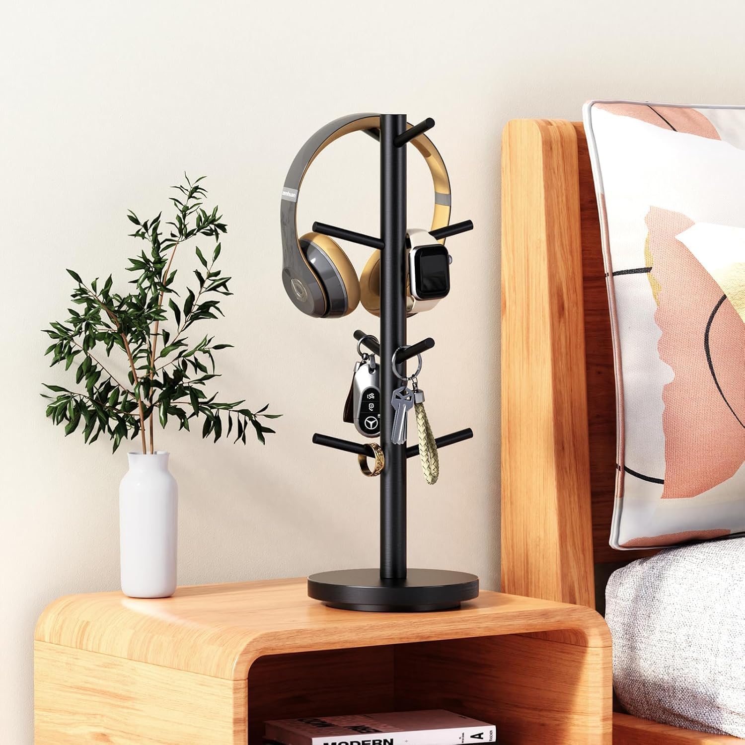 Coffee Cup Holder Tree, Upgraded 360° Swivel Wood Counter with Hook Finishing Rack, Cup Finishing Stand get 2 Pieces Cup Brush