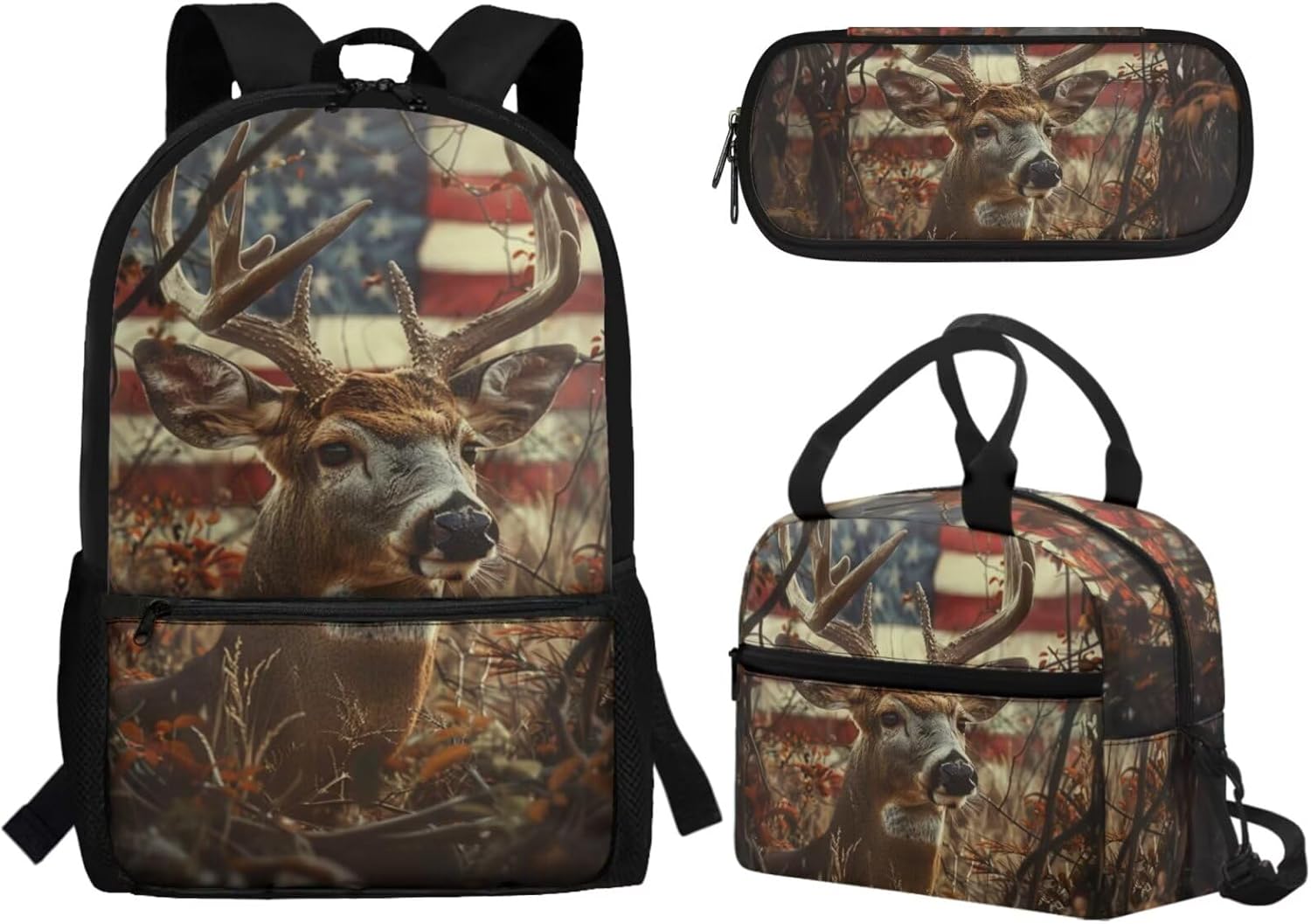 Hunting Deer School Backpack for Boys 5-8 9-12 Elementary School Bag with Lunch Box Pencil Case American Flag Bookbag Middle High College Students Child Bagpack Satchel Daypack