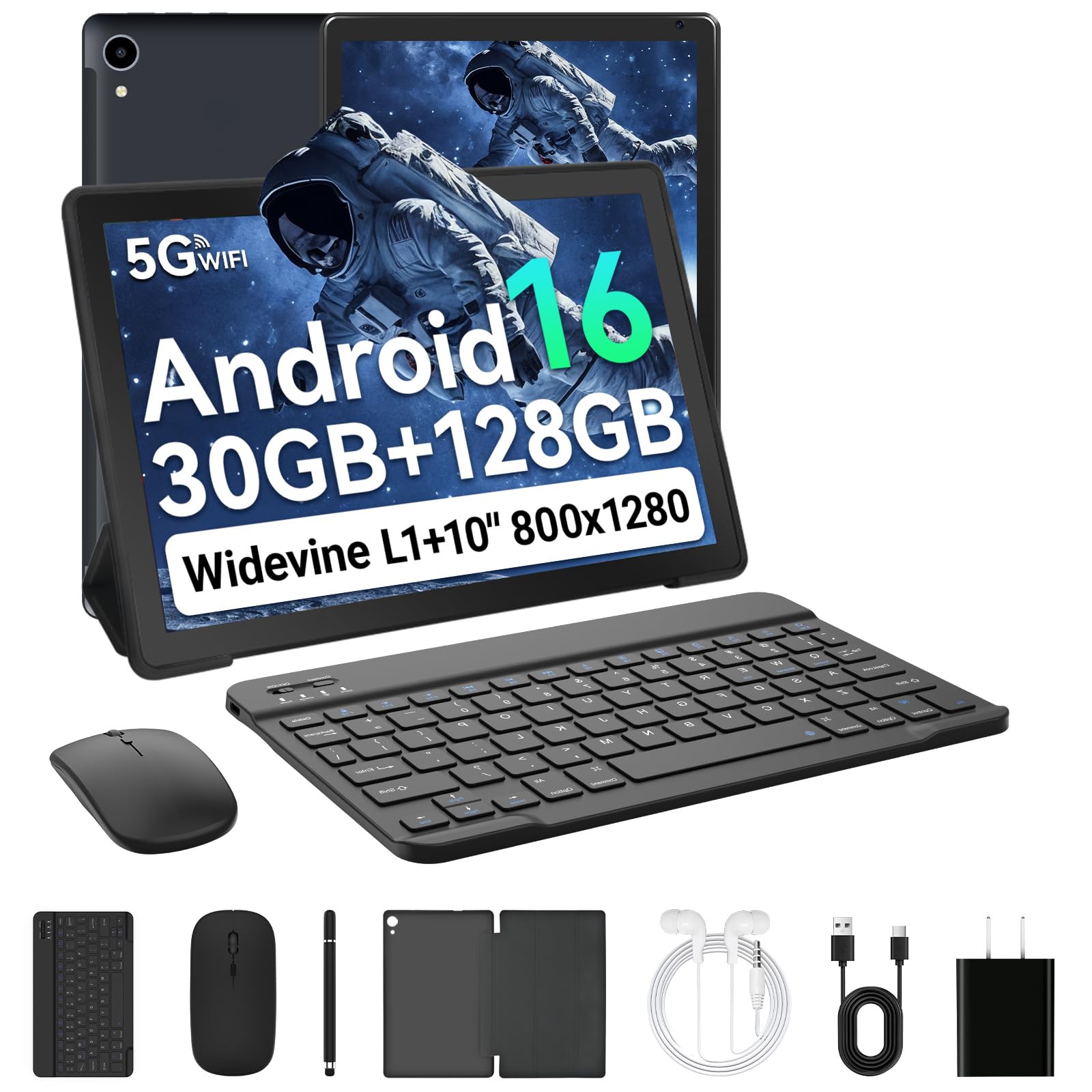 Whitedeer Tablet Android 16, 10 inch Tablet 30GB RAM 128GB ROM/2TB, Android Tablets Octa-Core Processor, Tablet 10 inch with Pen and Keyboard, WiFi 6&Bluetooth 5.0丨6000mAh丨5MP+8MP, Widevine L1-Black