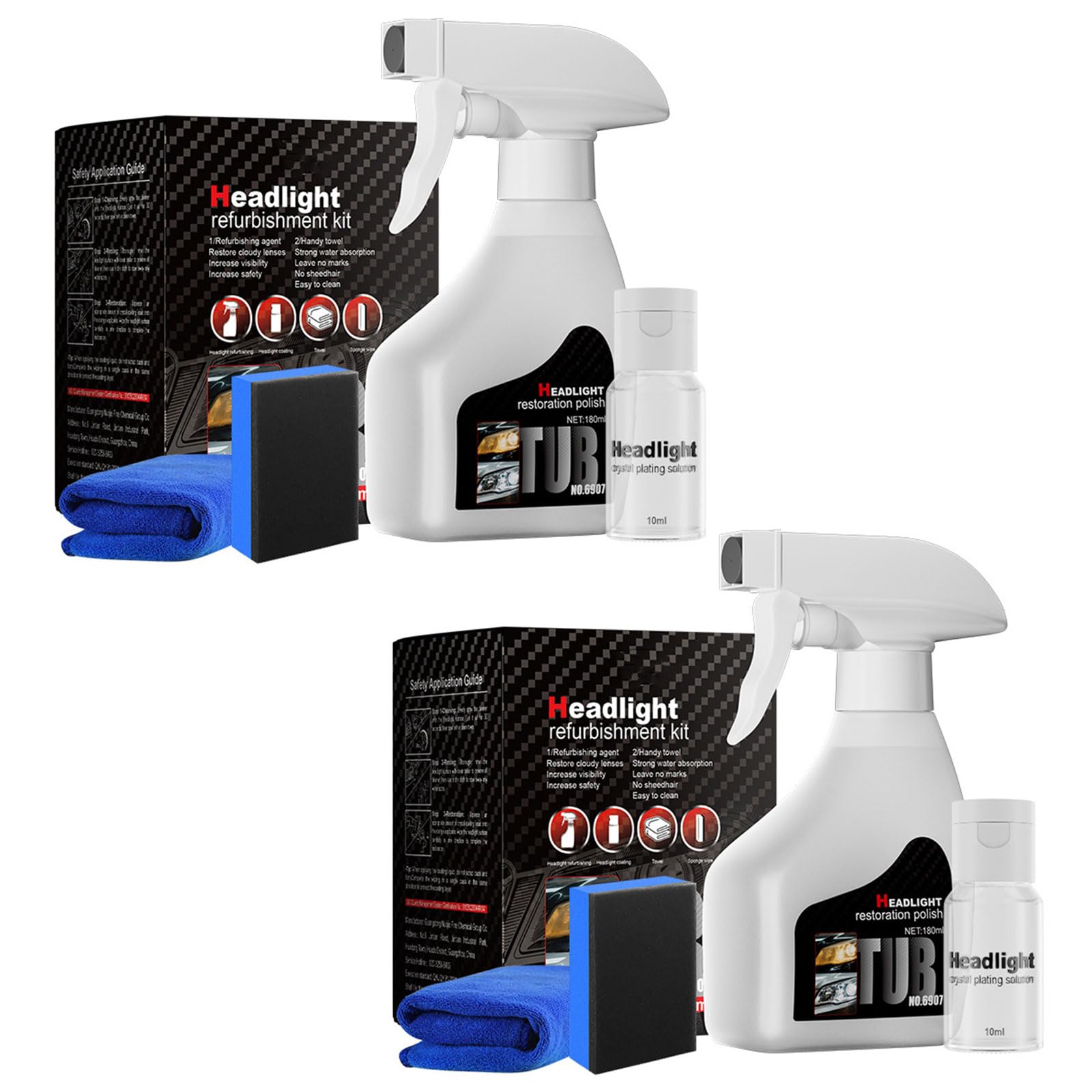 Tooporte Headlight Cleaner - Automotive Headlamp Restoration Fluid Kit, Pro Headlight Rejuvenator Kit with Keep Clear Headlight Coating, Instant Oxidation Removal for Yellowing Cloudy (2 Set)
