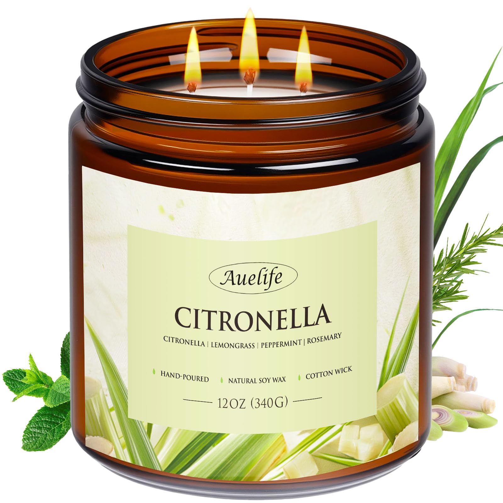 Auelife Scented Candles, 12oz Large 3-Wick Candle for Home Patio Camping &amp; Garden, Natural Soy Wax Citronella Candle for Summer Gift, Long Lasting for Indoor Home Scented, 50+ Hour Burn