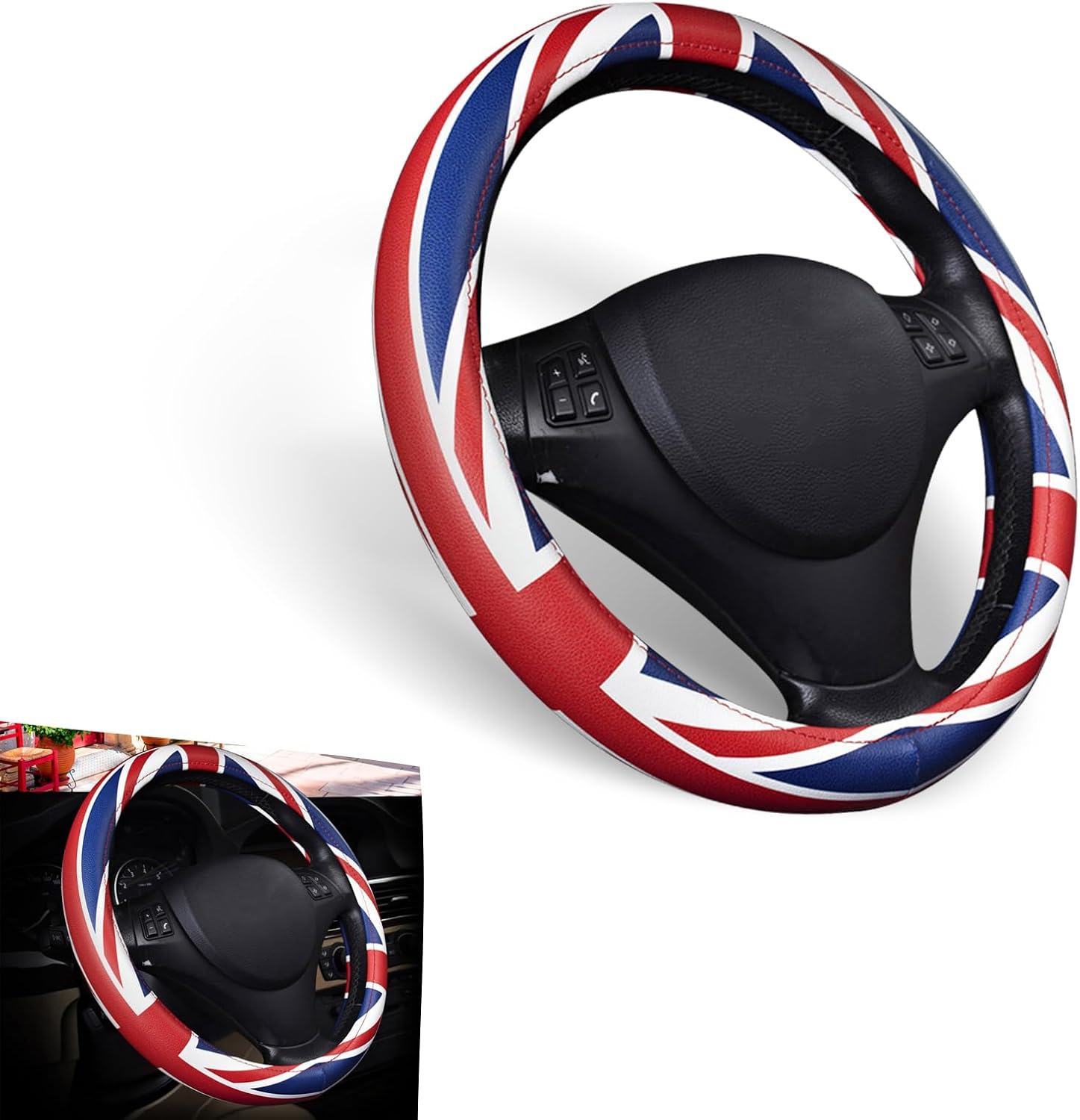 1 PC Car Steering Wheel Cover, 38cm British Flag Design Breathable Leather Rubber Inner Ring Steering Wheel Cover, Personalized Modification Accessories, Suitable for Most Models (Red & Blue) 1 PC #UK Flag Blue & Red