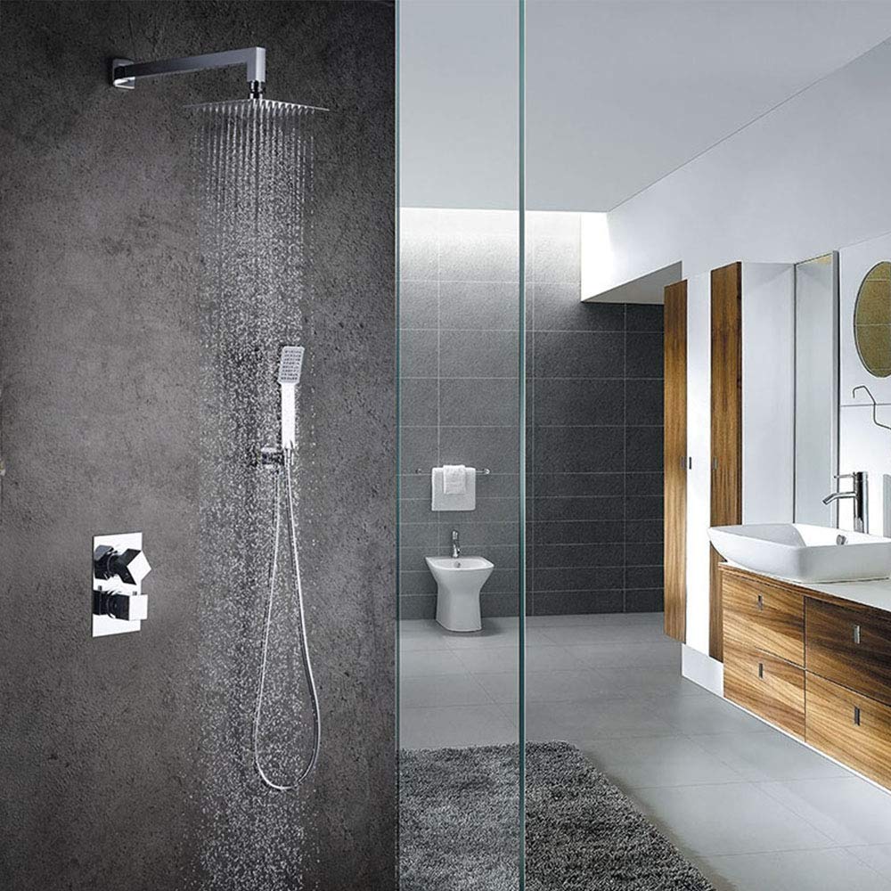 Grifo termostático ducha para empotrar ABE salida pared. Incluye soporte con toma agua, flexo PVC plateado, brazo ducha y rociador extraplano. Ducha empotrable con acabado cuadrado en cromo brillo