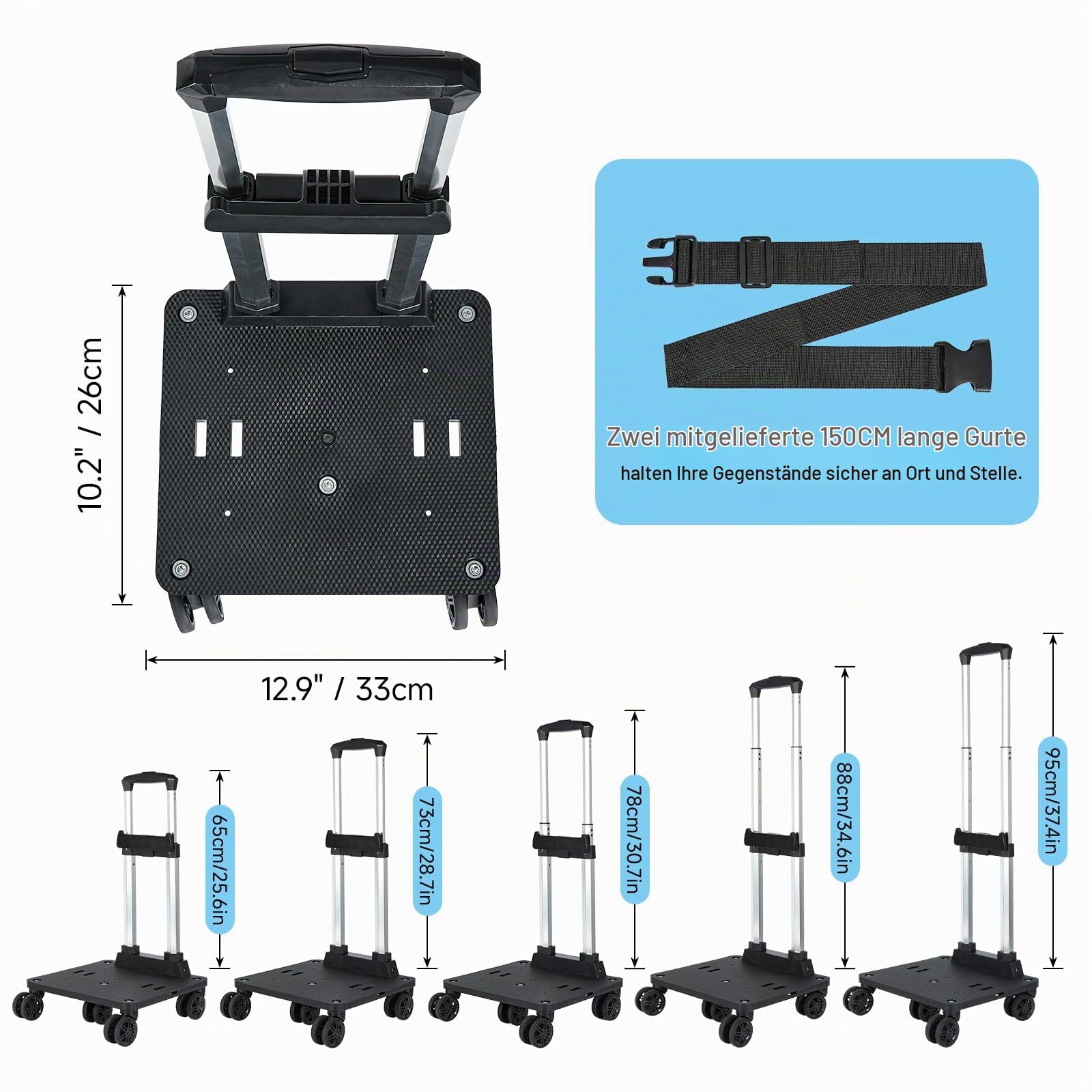 Amythe Faltbarer Trolley für Schulrucksack, 5 Räder Trolley mit 2 Gurten