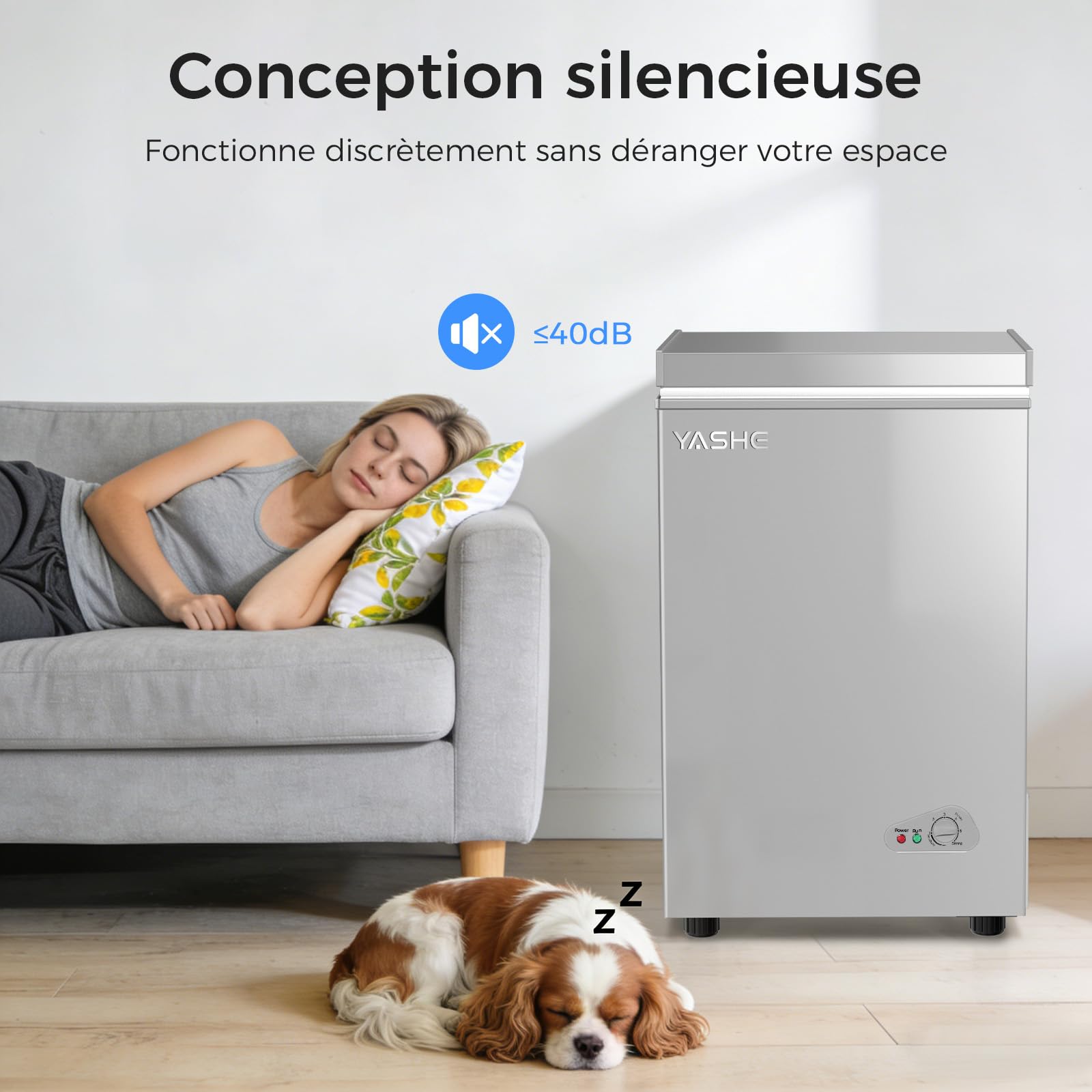 YASHE Congélateur coffre 100L, pose libre, Gris | 2 paniers amovibles, 6 niveaux de température, faible consommation d'énergie et fonctionnement silencieux de 45 dB