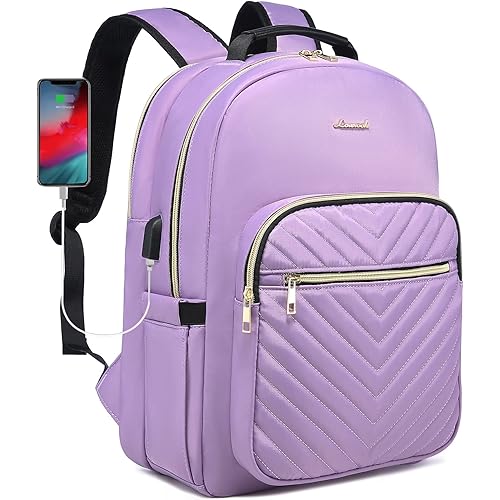 LOVEVOOK Laptop Backpack for Women Quilted Business Work Computer Bags Stylish Purse Bookbag, 15.6-Inch, Purple