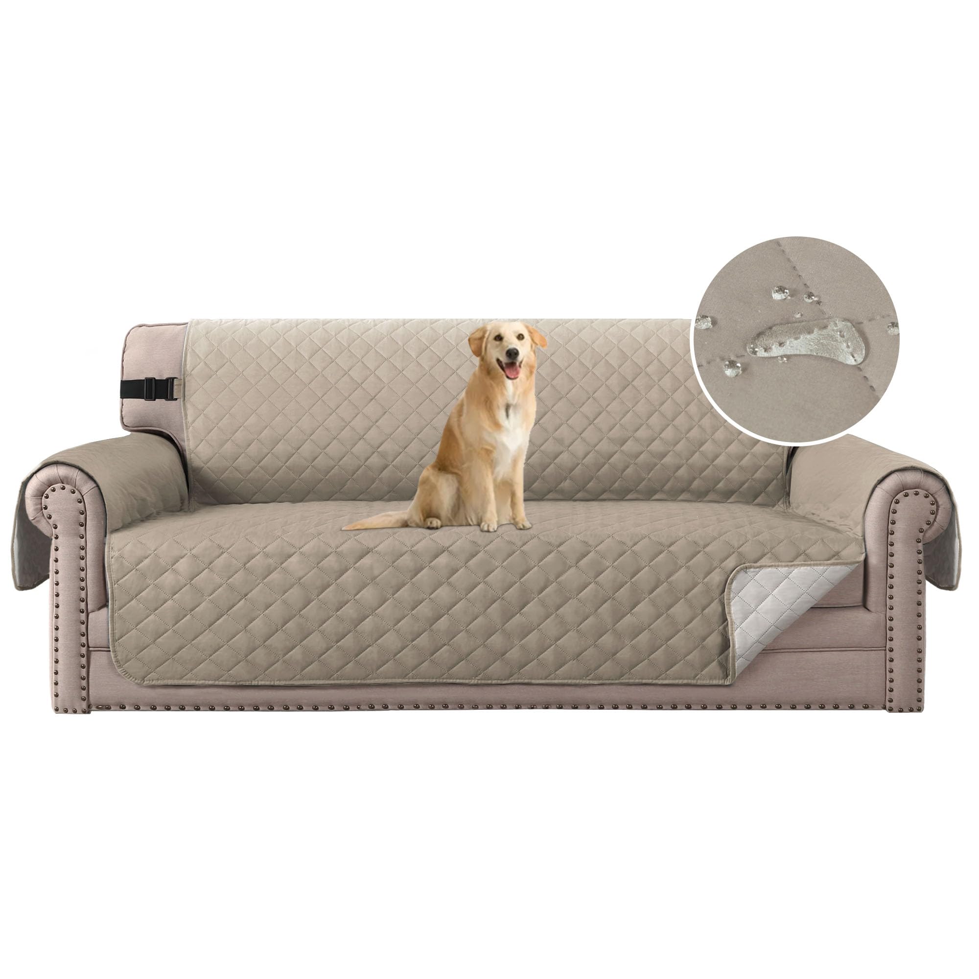 Turquoize Reversible Sofa Protector,3 Seater Water Resistant Sofa Slipcover for Pets with Non Slip Elastic Straps, Machine Washable Sofa Covers for Kids(Khaki/Beige)