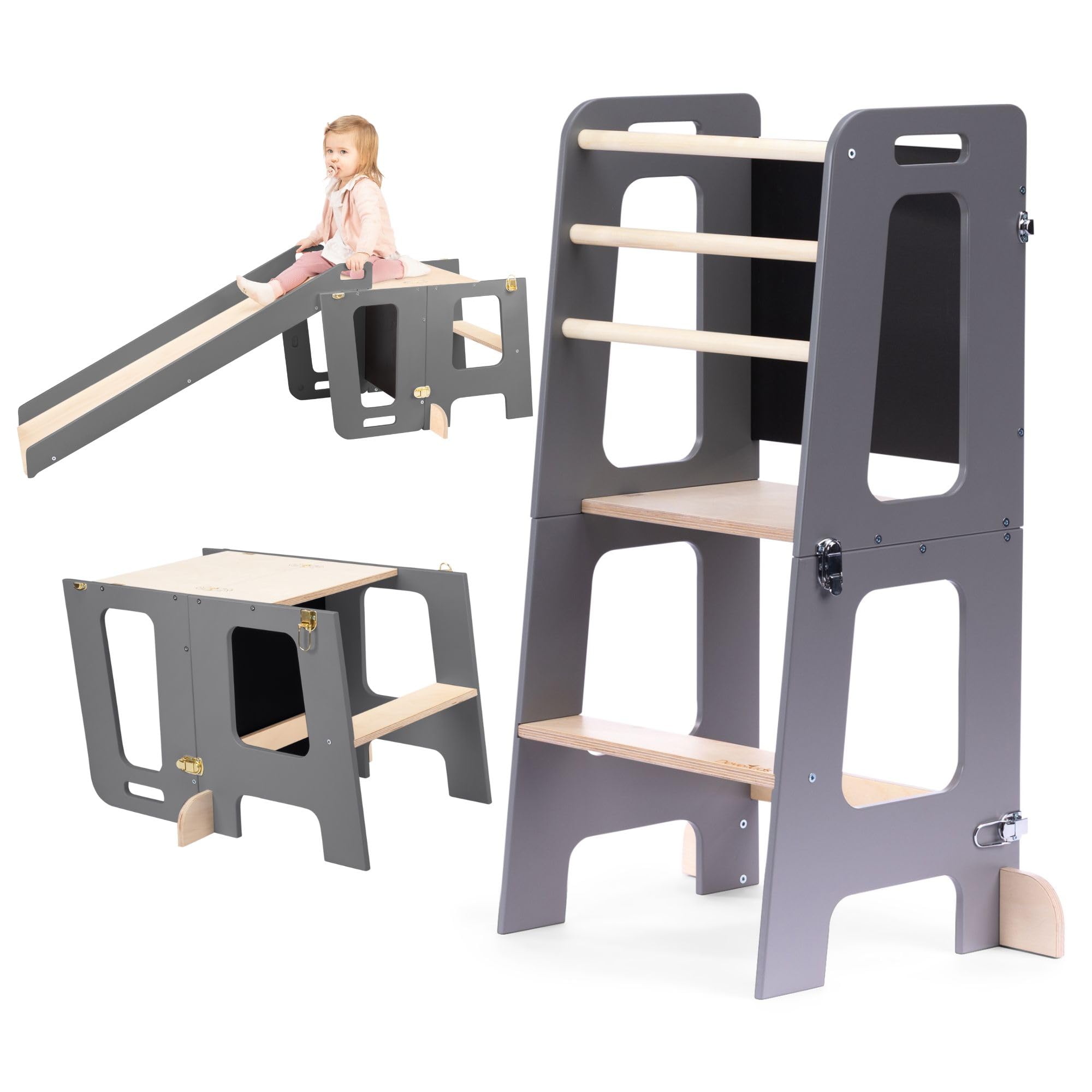 Montessori Lernturm für Kinder | Klappbarer Küchenhelfer mit Rutsche & Tafel | Stehturm ab 1 Jahr (Dunkelgrau und Holz, Mit Rutsche)