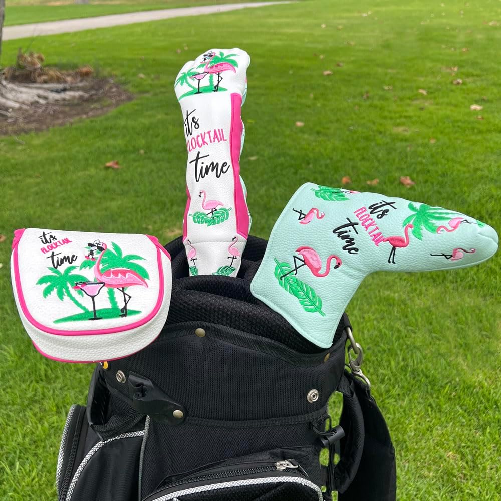 Giggle Golf Flamingo Golf Head Covers – Driver, Fairway, Hybrid & Putter – Tropical Black Flamingo Design - Great Gift