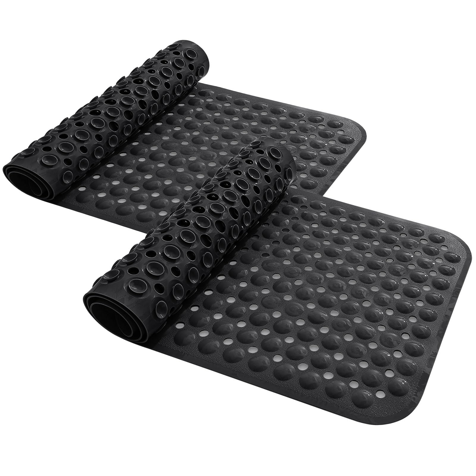 Smiry Non Slip Bath Mat, 100x40cm Extra Long Soft Bathtub Mat with 300 Strong Suction Cups & Drain Holes, Machine Washable Skin-Safe Bathroom Shower Mat, Pack of 2, Black