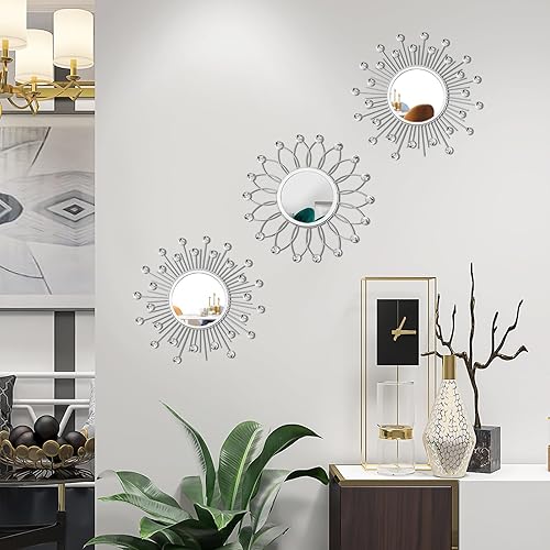 3 Pack Metal Mirrors for Wall Sunburst Wall Mirrors Home Décor Decorative Hanging Wall Art for Living Room Bedroom Entryway (Gold, Flower+Sunburst)(Silver Crystal,Flower+Sunburst)