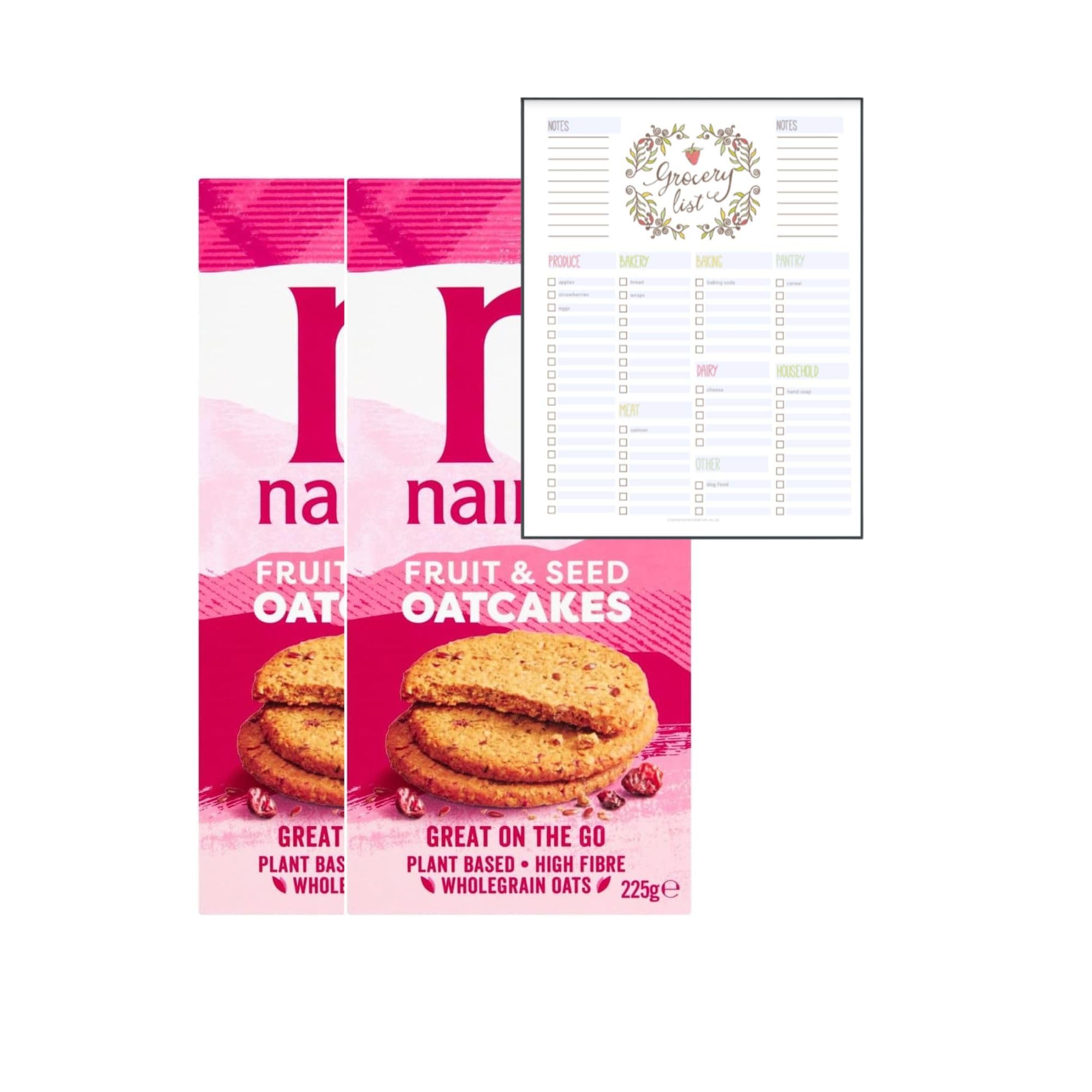 – Oatcakes Bundle which Contains Nairns Fruit & Seed Oatcake 225g - Pack of 2 with Grocery List Card