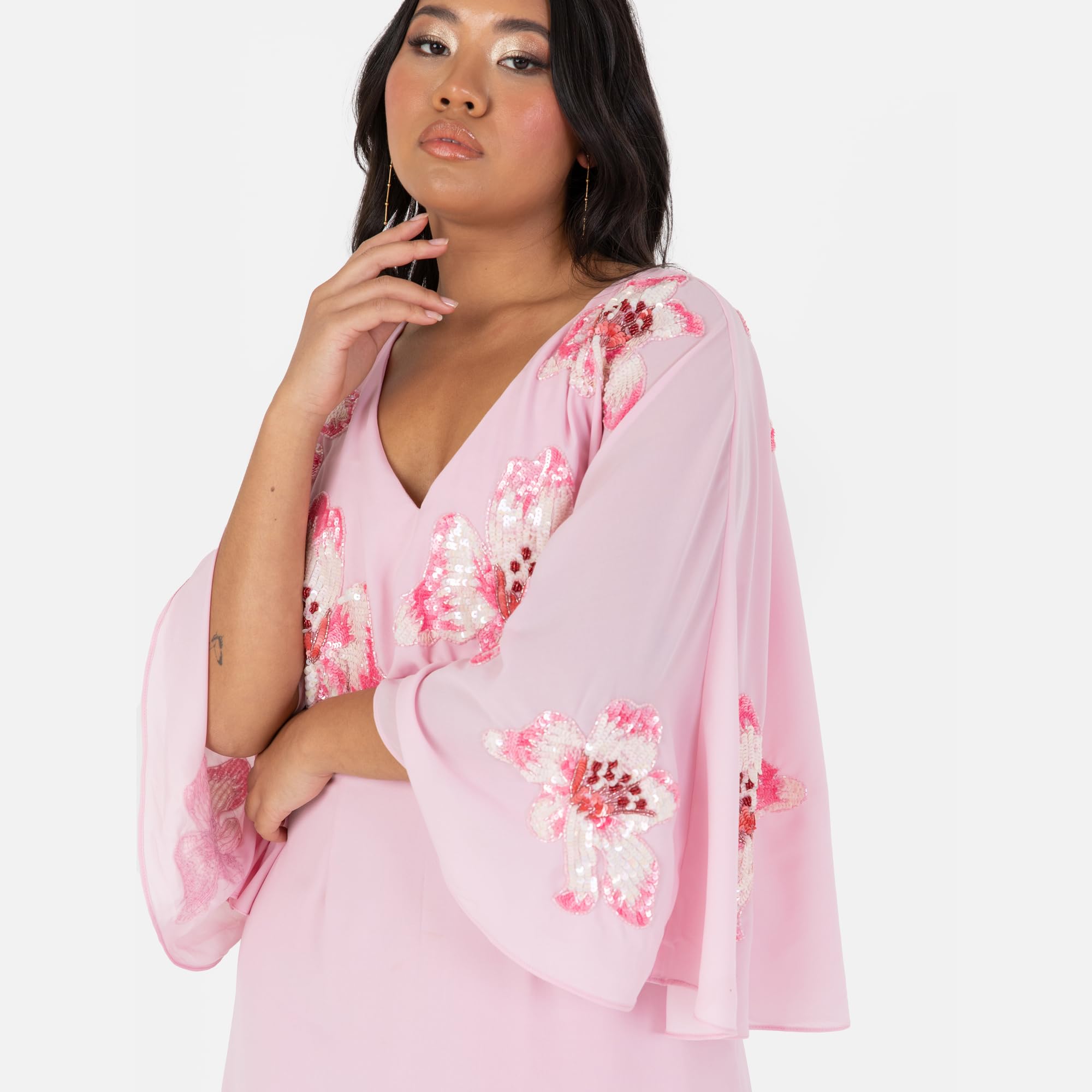 Maya Deluxe Women's Maxi Dress Ladies V-Neck Long Cape Sleeve Floral Sequin Embellished A-Line for Wedding Guest Evening Occasion Vestito Donna