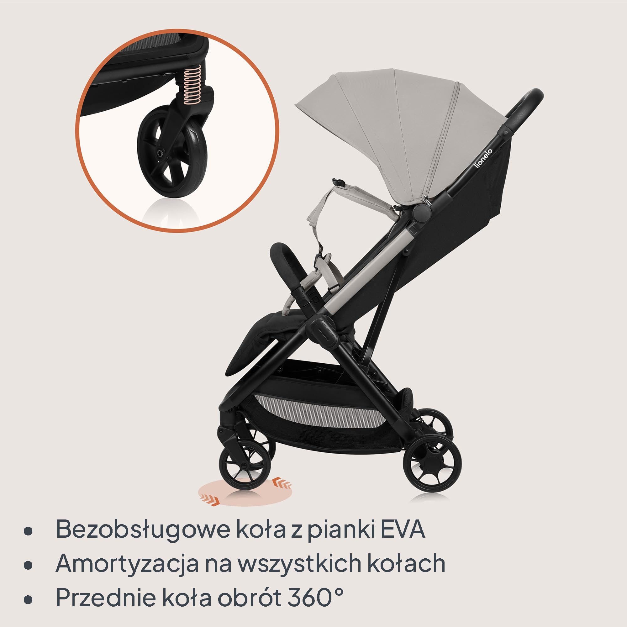 LIONELO Julie Air Spacerowy Wózek Dziecięcy do 22 kg od 6 m do 4 lat Do Samolotu Obrotowe Koła 360° Amortyzacja Składany Jedną Ręką Regulacja Oparcia Daszek UPF50+, Lekki | Koła obrotowe 360°, zawieszenie jednoręczne, mechanizm składania z regulacją oparc