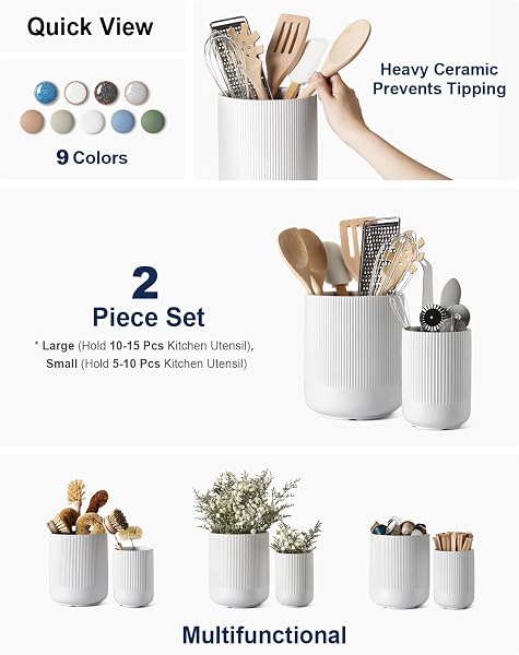 The LE TAUCI Utensil Holder set showcases its fluted texture and substantial ceramic build on a clean kitchen counter.