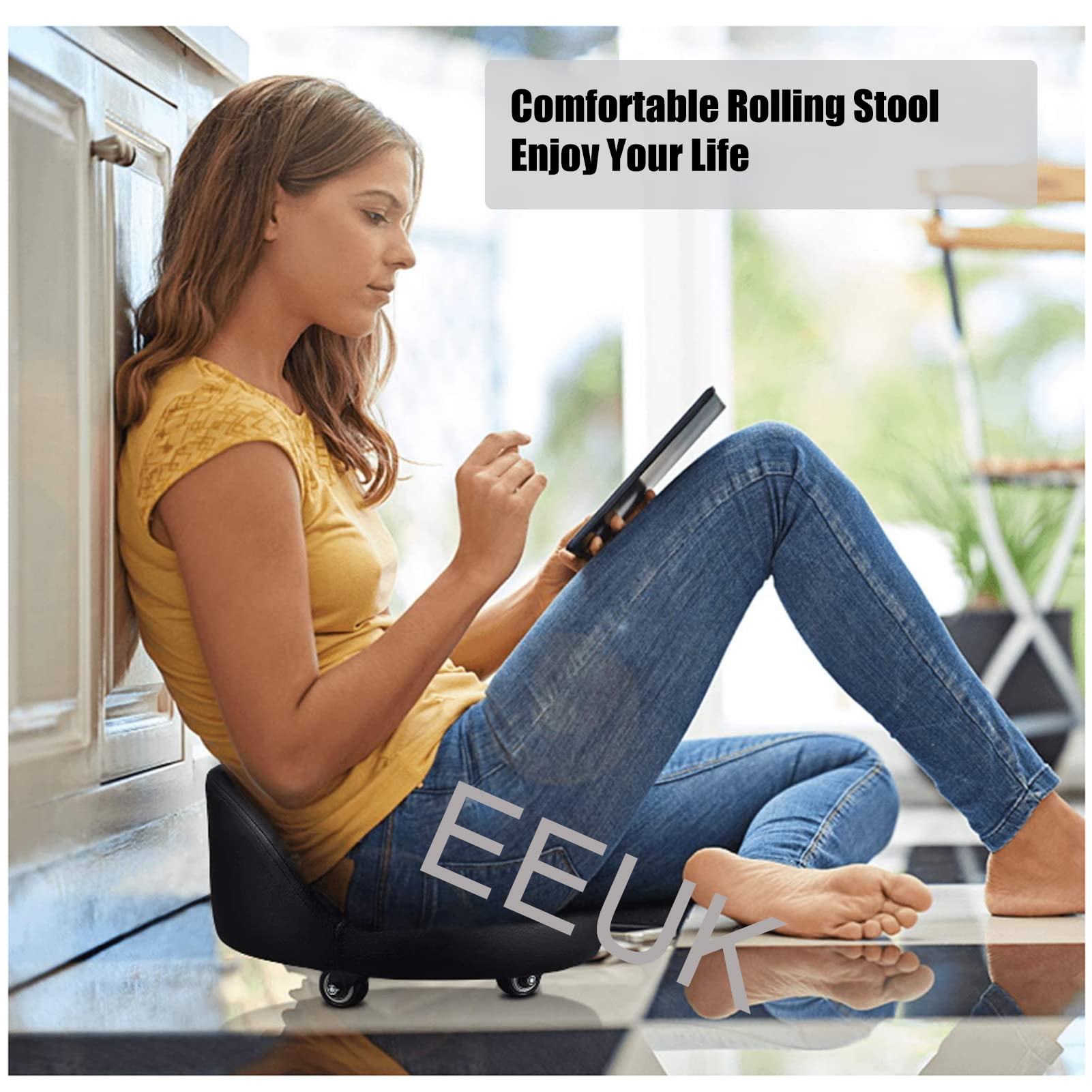 Sgabello Basso Con Ruote Girevoli - In Pelle PU - Portata 200 Kg - Per Garage E Lavori