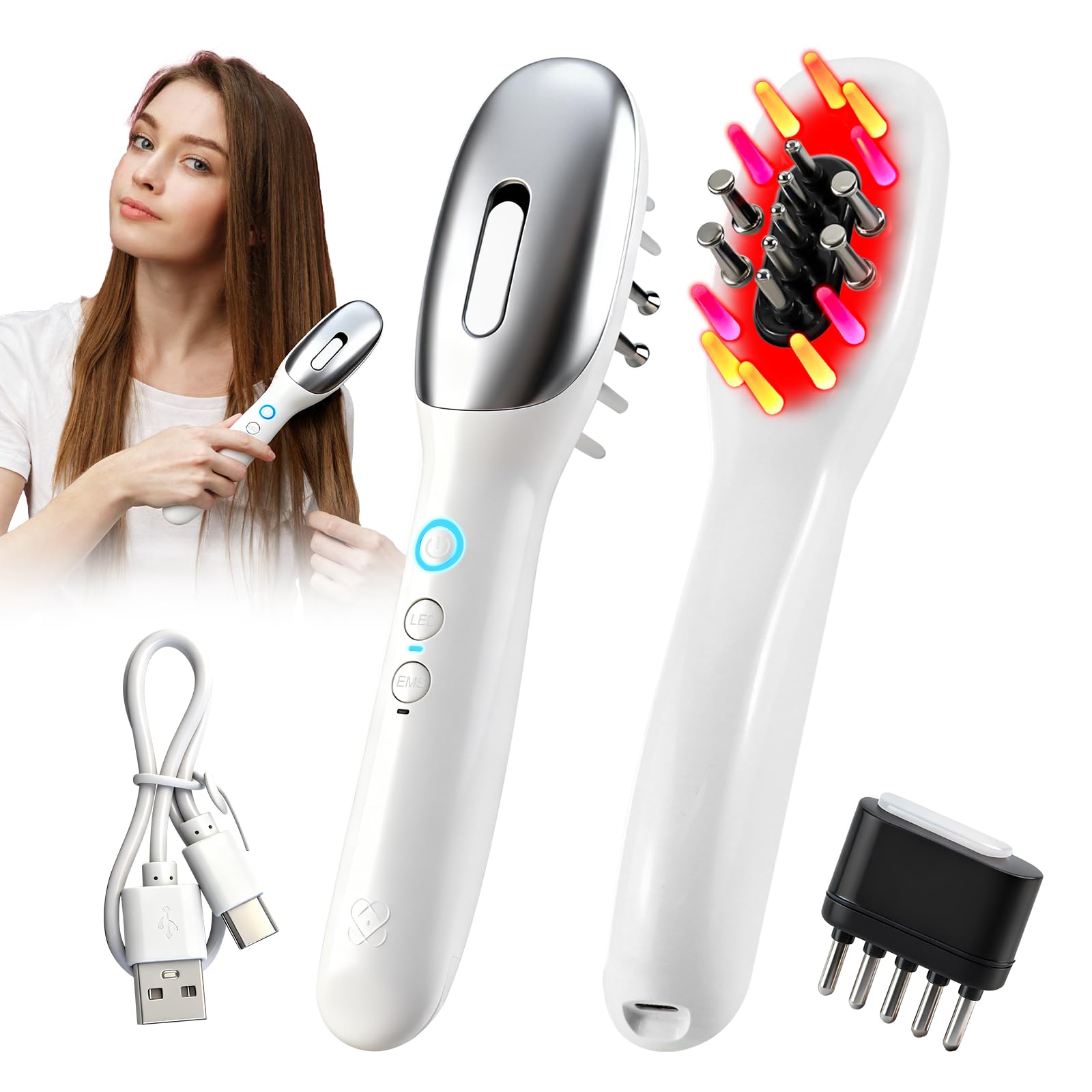 Brosse de Massage É‌lectrique Pour le Cuir Chevelu, Brosse de Massage Portable Pour la Tête à Lumière Rouge et Bleue, Microcourant EMS et Vibration, Favorise la Croissance des Cheveux