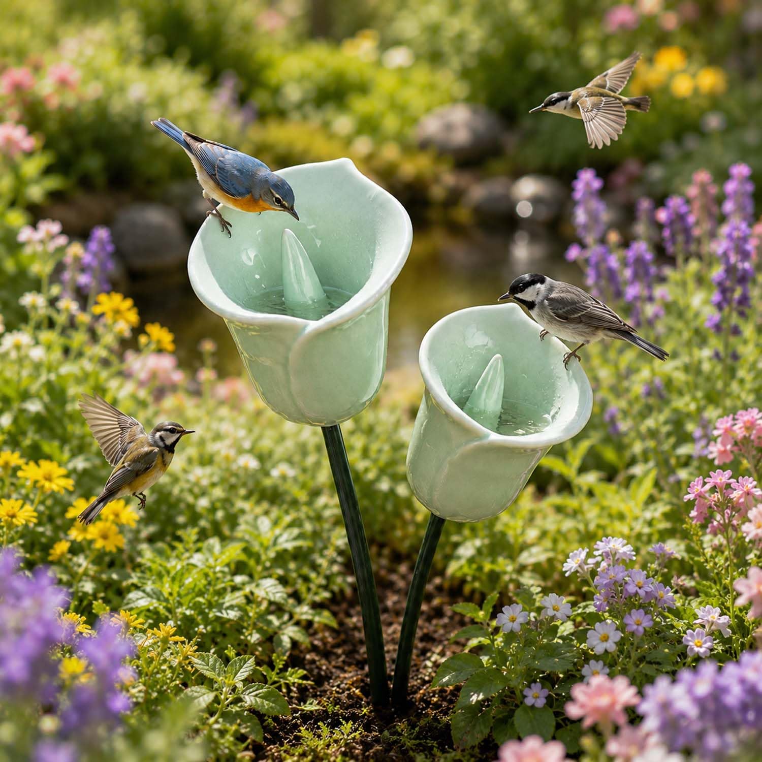 Ceramic Flower Bee Waterer Stakes, Pollinator Drinking Station for Bees & Butterflies, Weatherproof Garden Decor with Multiple Colors (8.6" H) (2 Blue)