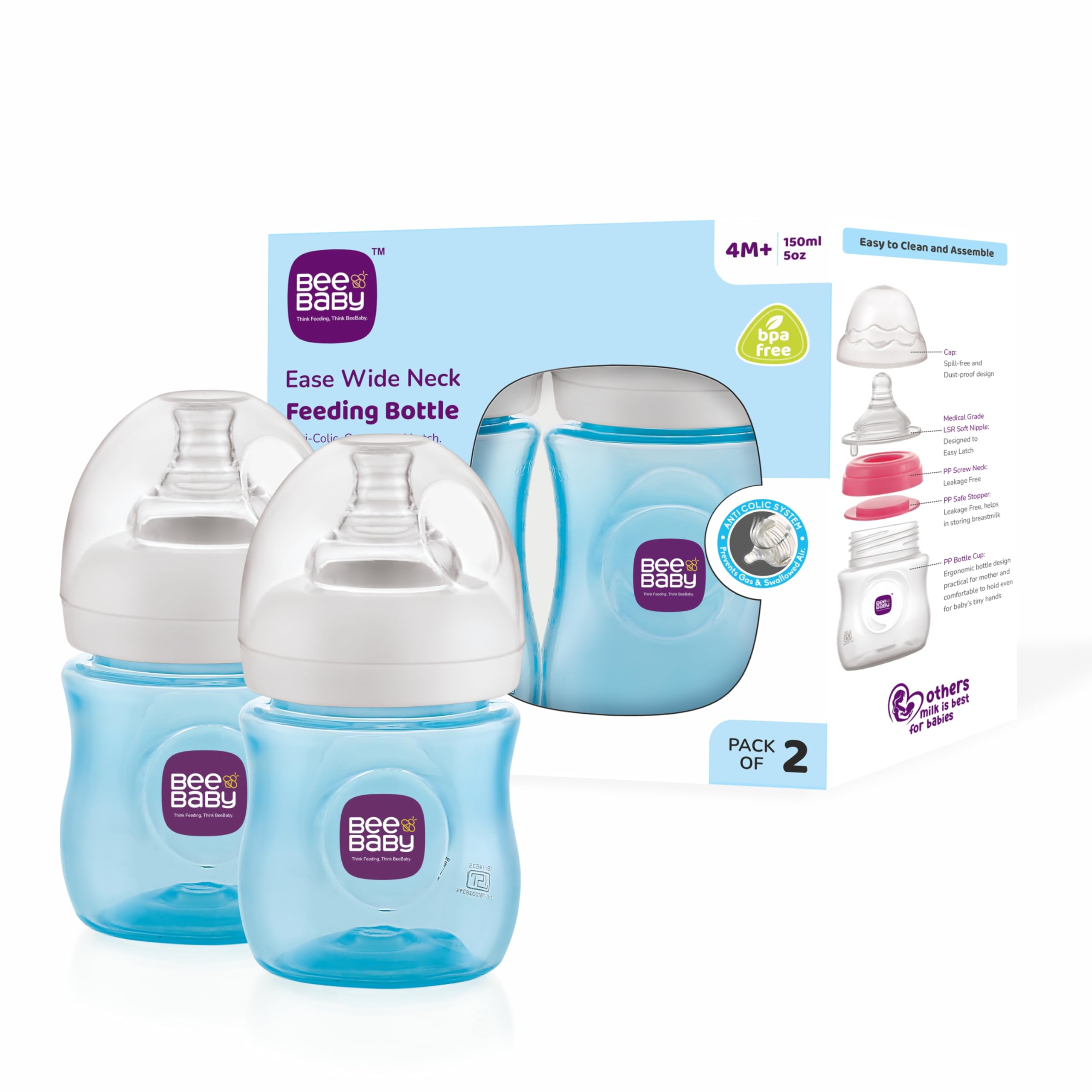 BeeBaby Ease Wide Neck Baby Feeding Bottle with Medium Flow Anti-Colic Soft Silicone Nipple. for Infants, Newborn, Babies. - 150 ML | 100% BPA Free. (Blue) (Pack of 2) 4 Months +-image-25