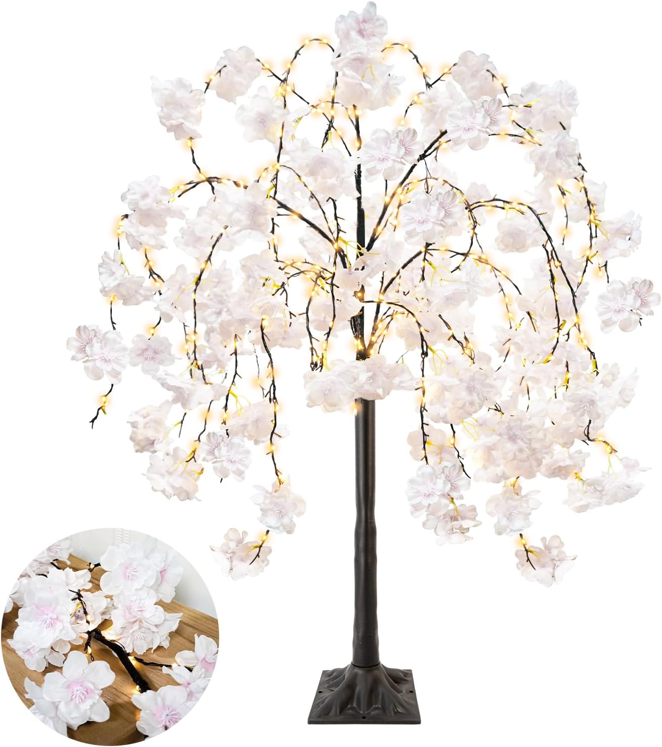 obbsie 4FT Cherry Blossom Tree with 360 LED Fairy Lights Artificial Lighted Tree with 8 Lighting Modes Light Up Pink Tree with Faux Flowers for Spring Wedding Party Indoor Outdoor Decor