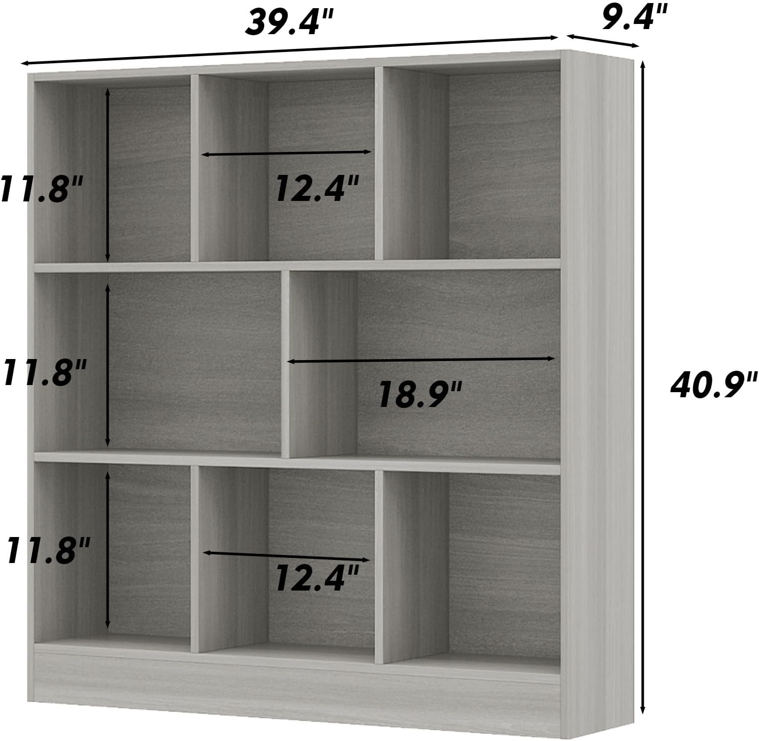 Timechee Book Shelf, 3 Tier Small Kids Bookshelf for Small Spaces, Cube Shelving Bookcase with 8 Storage Shelves for Living Room, Kids Bedroom, Bathroom, Grey(9.4" D x 39.4" W x 40.9" H)