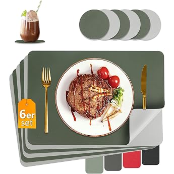 HELI MIAO Washable Place Mats Wipe Clean Leather Heat Resistant Double-Sided Set of 6 Placemats Leather Look with Coasters Non-Slip Table Coasters Olive Green + Grey
