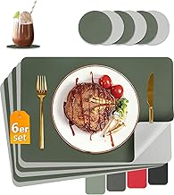 HELI MIAO Washable Place Mats, Wipe Clean, Leather Place Mats, Heat Resistant Double-Sided, Set of 6 Leather Look Placemats with Coasters, Table Coasters, Place Mats (Olive Green, Grey)