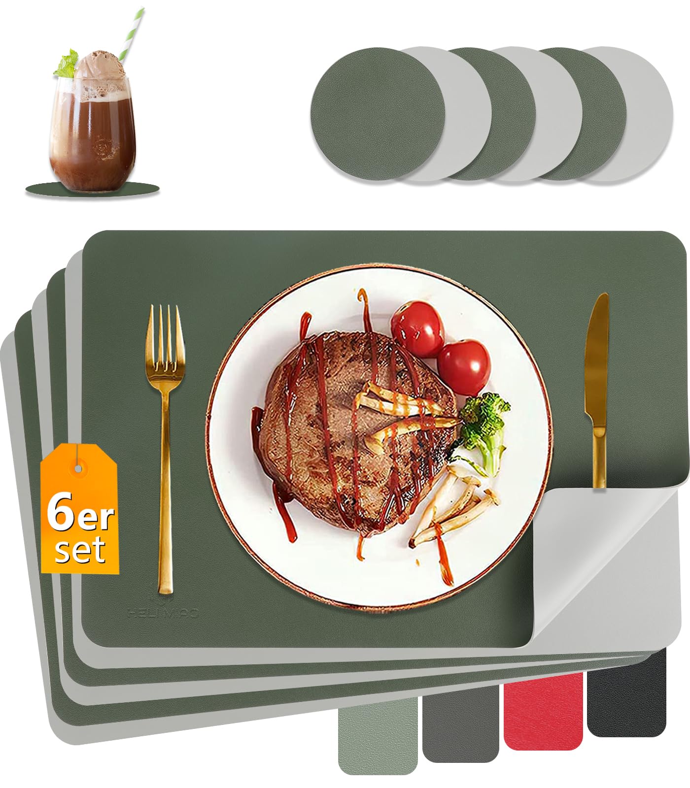 HELI MIAO Tischsets Abwaschbar,Platzsets Abwischbar, Leder,Hitzebeständig Doppelseitigen I 6er Set Platzdeckchen Lederoptik mit Untersetzer,Tischuntersetzer rutschfest,Salbeigrün