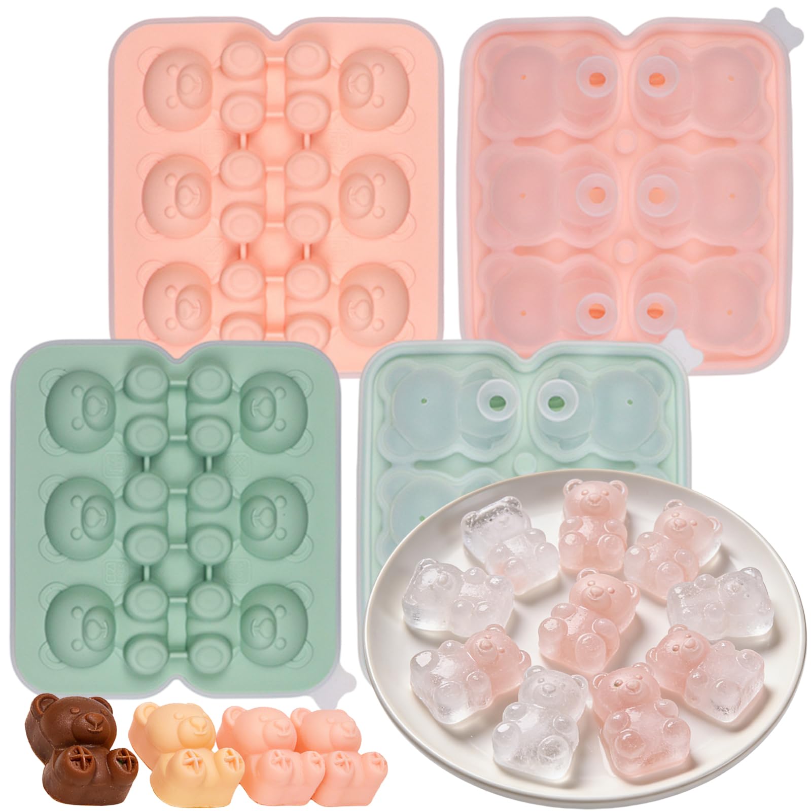 CHSEEO Bear Ice Cube Tray 2x6-Cavity 3D Silicone Moulds with Lid for Freezer, One-Piece Mini Funnel for Easy Water Filling and Demoulding, Whisky Ice Ball Mould for Chocolate Jelly Pudding Molding