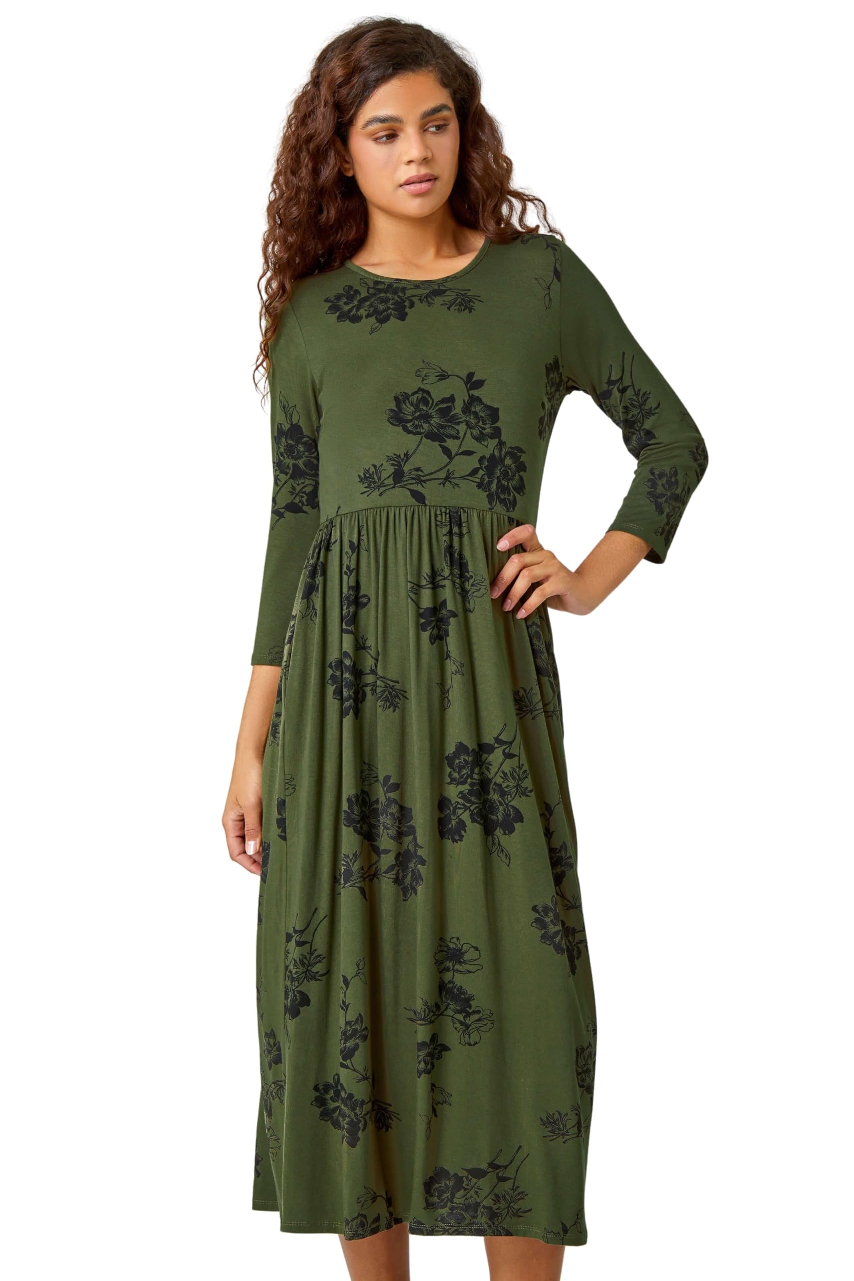 Roman Women's Khaki Floral Print Midi Stretch Dress In | : Size 12