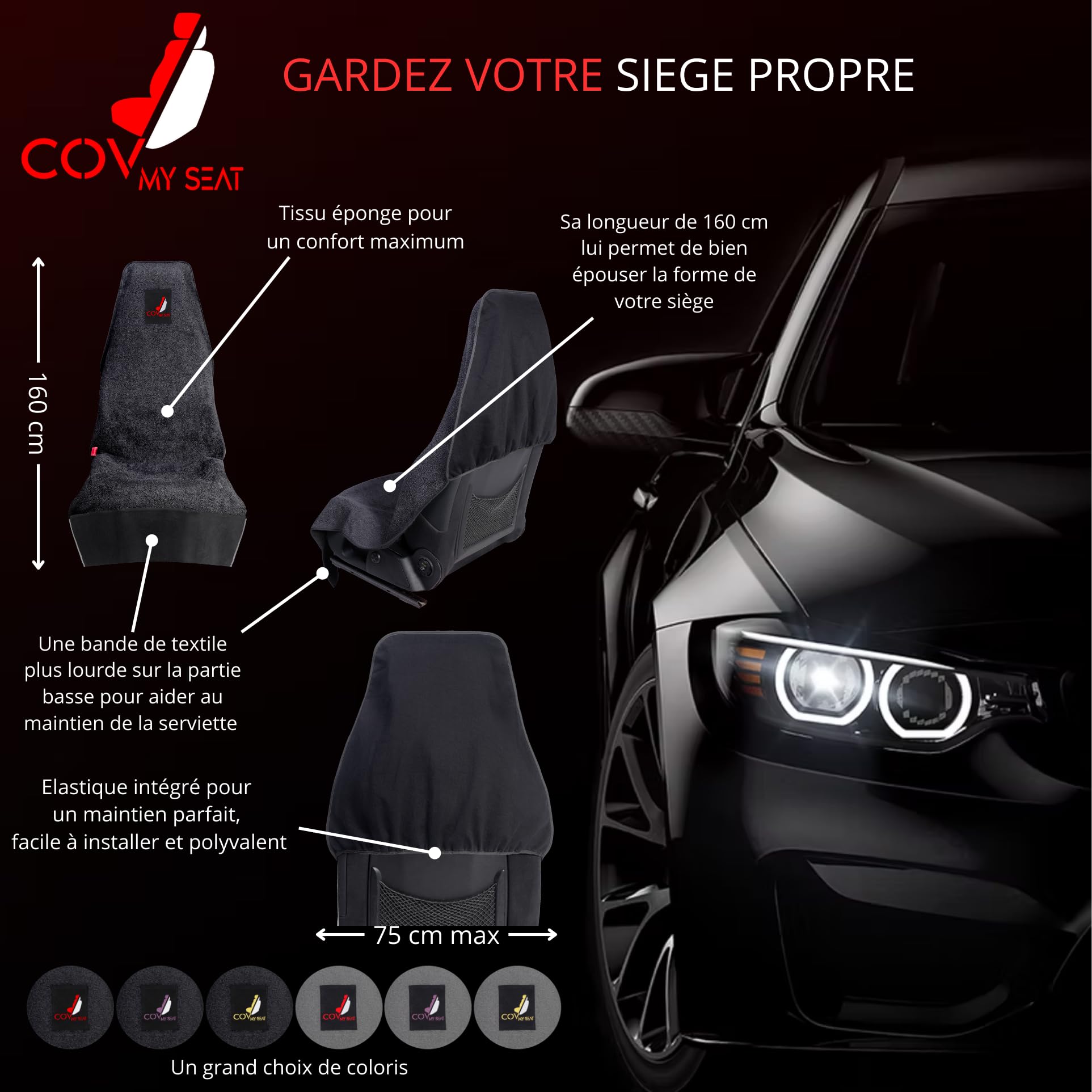 Serviette Siège Voiture – Protection Transpiration Sport, Gym, Plage – Housse Siège Auto Coton Éponge Absorbant – Protège Sièges Cuir et Tissu – Lavable - Noir Blason Rouge X 2