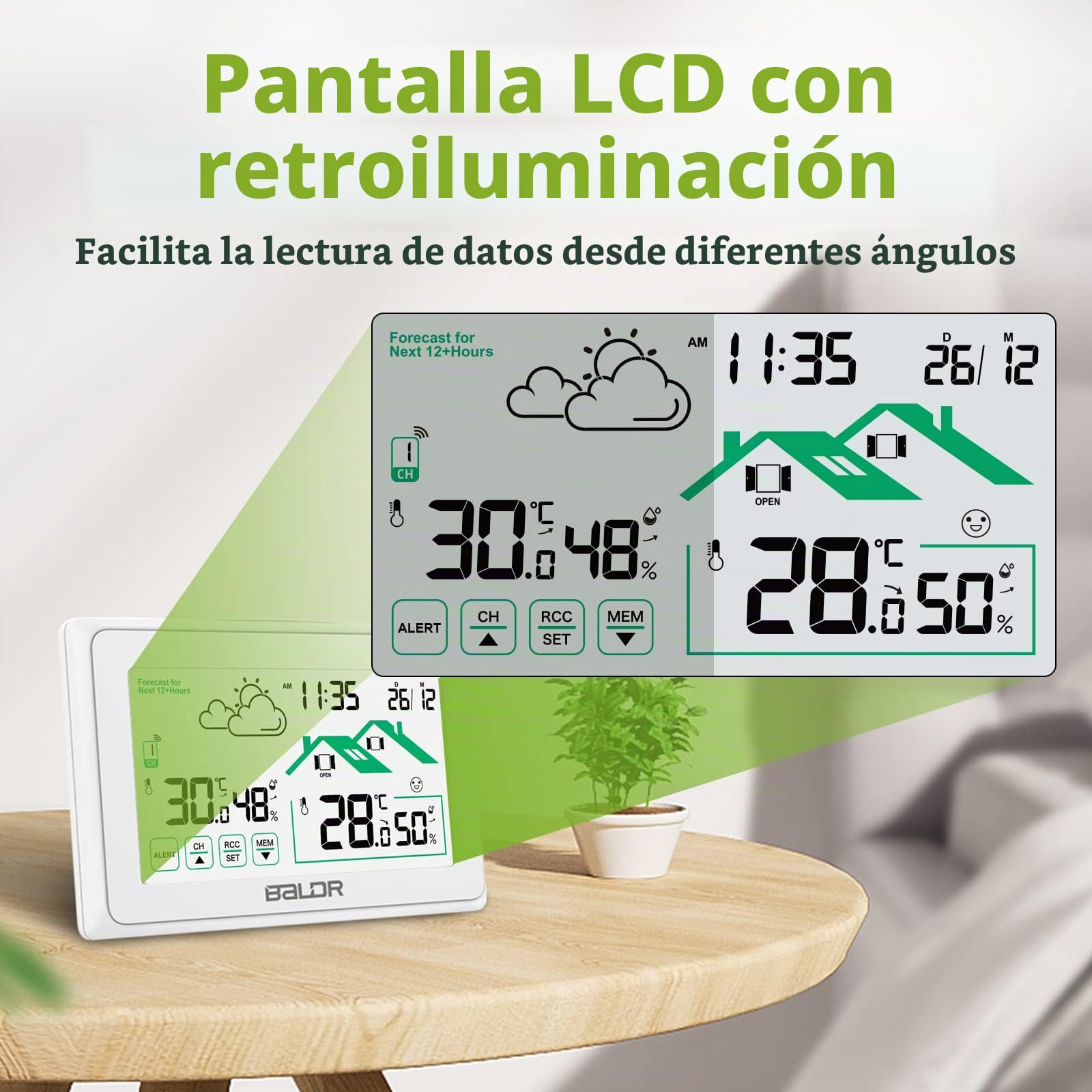 BALDR Estación Meteo Interior Exterior Inalámbrico, Reloj Umérico DCF Termómetro Interior Con Previsión del Tiempo de Ventilación y Retroiluminación