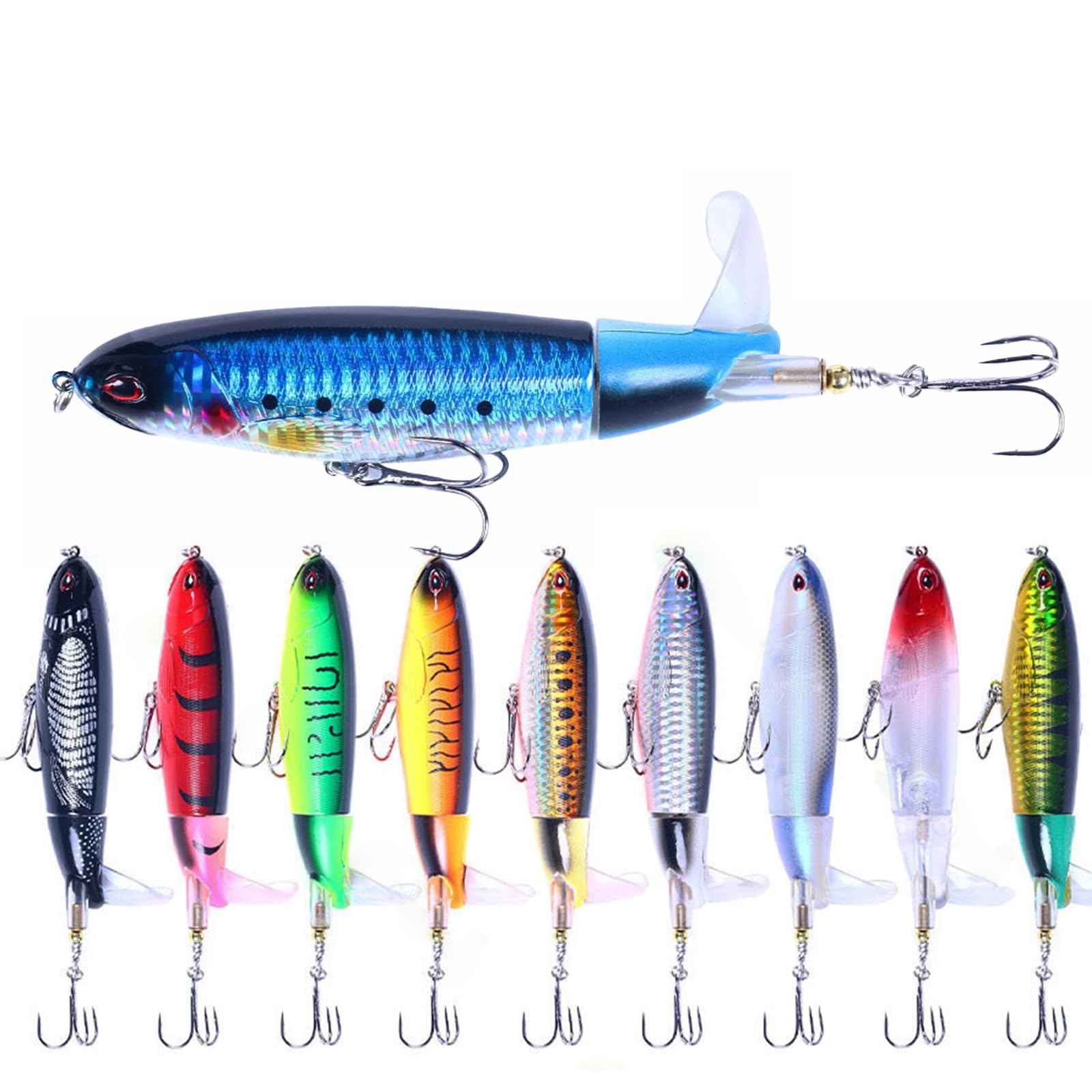 Kivinia 10pcs Top Water Fishing Lures Kit, Surface Wobble Buzz Bait with Vibrating Swimming Flashing and Jigging, Whopper Lure for Freshwater or Saltwater, Floating Lures for Bass Catfish Pike, 13g