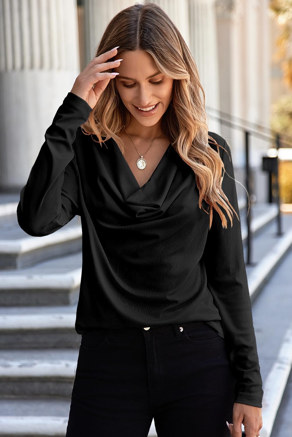 EVALESS Womens Tops Trendy 2026 Fall Cowl Neck Shirts Long Sleeve Teacher Clothes Office Business Dressy Casual Outfits - Image 3