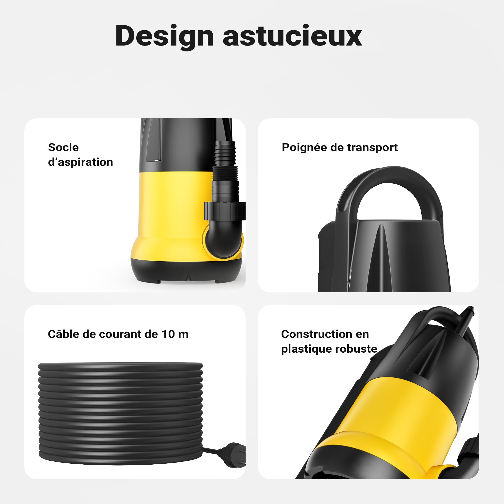 Wiltec Pompe pour Eaux usées Bleue 250W Pompe submersible 0,55 bar Débit 6000 l/h avec Câble 10m Hauteur de refoulement 5,5 m Particules jusqu'à Ø5mm Évacuation Drainage Chantier