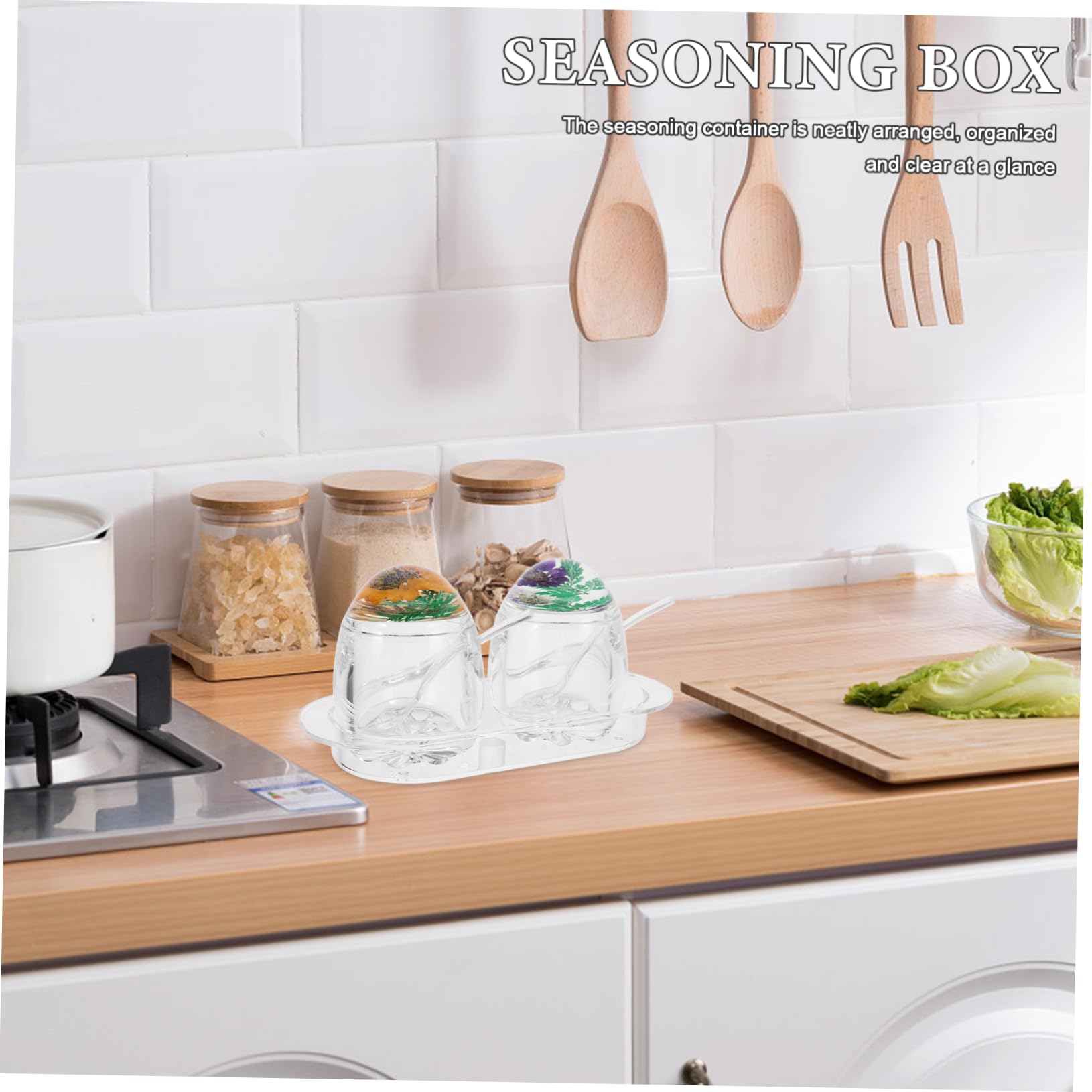 Boîte à Épices Transparente Couvercle Floral et Cuillère, Pot à Condiments en Acrylique, Lot de 2 Set, Accessoire Multifonction Cuisine, Rangement Compact et Décoratif