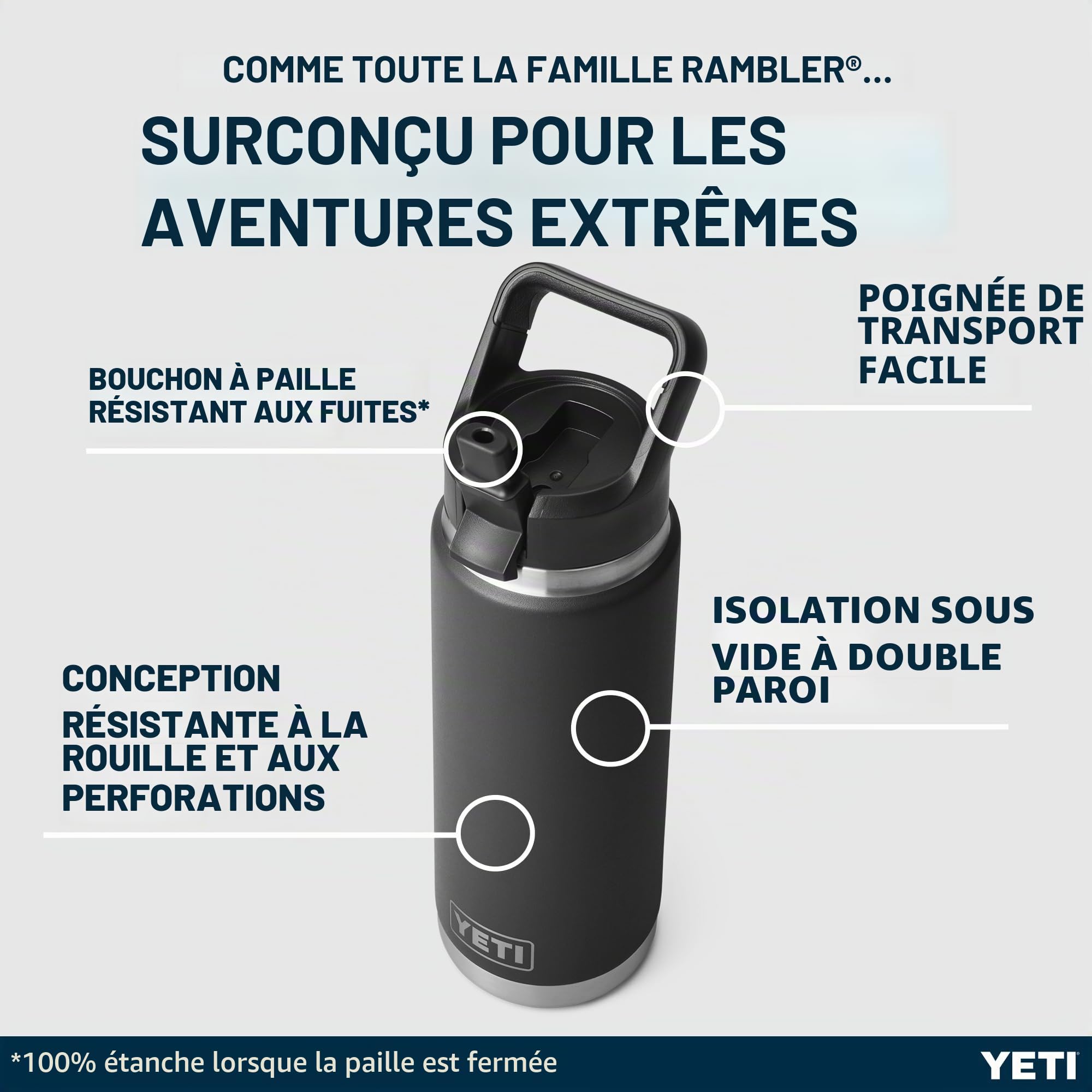 YETI Rambler Straw Bottle, Stainless Steel Vacuum Insulated Bottle with Straw Cap, Black, 26 oz (769 ml)