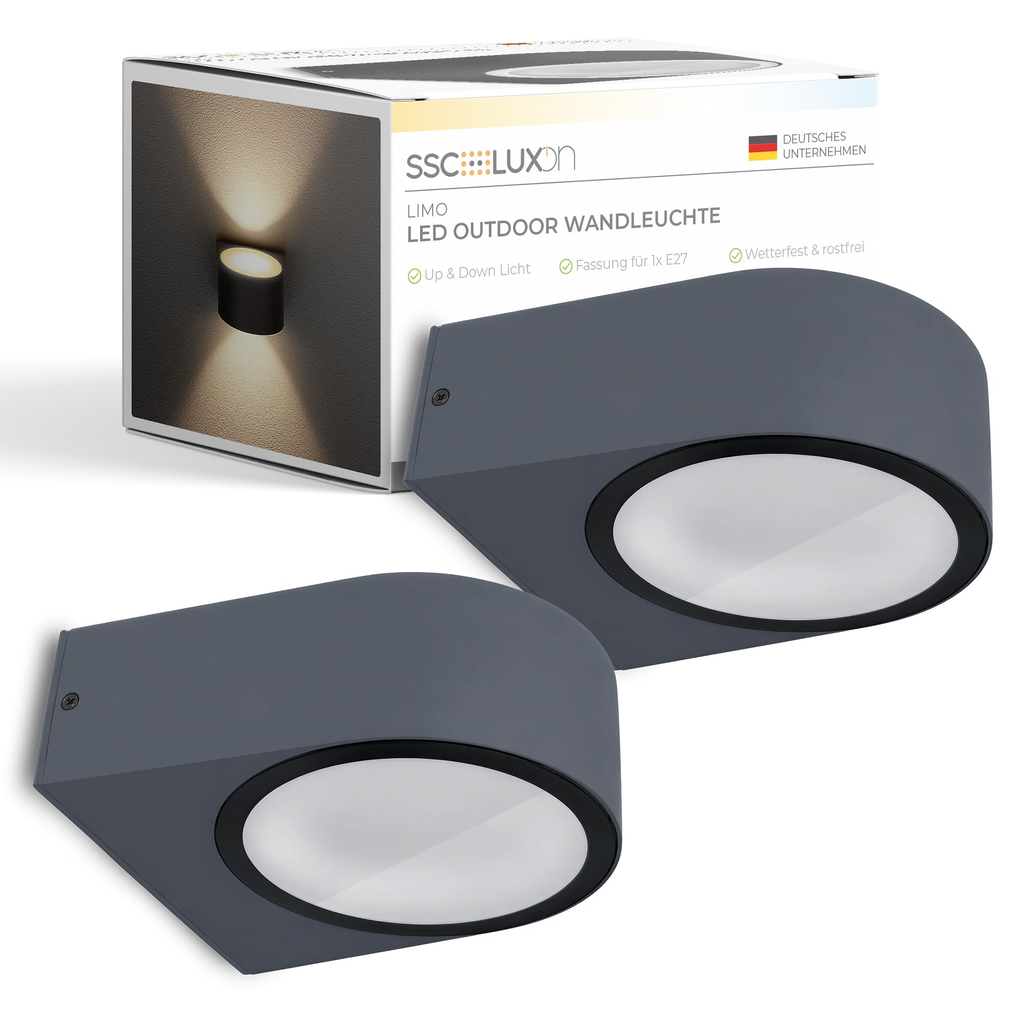 SSC-LUXon 2 Stück LIMO Außenwandleuchte Up & Down dunkelgrau IP44 - Außenlampe Fassung E27 Birne (ohne Leuchtmittel) - Haustürlampe Outdoor