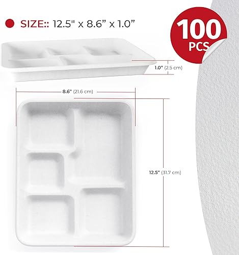 Miniatura 7 de Bandejas desechables de 5 compartimentos resistentes (paquete de 100) de 12.50 x 8.50 pulgadas, bandejas escolares de caña de azúcar, platos