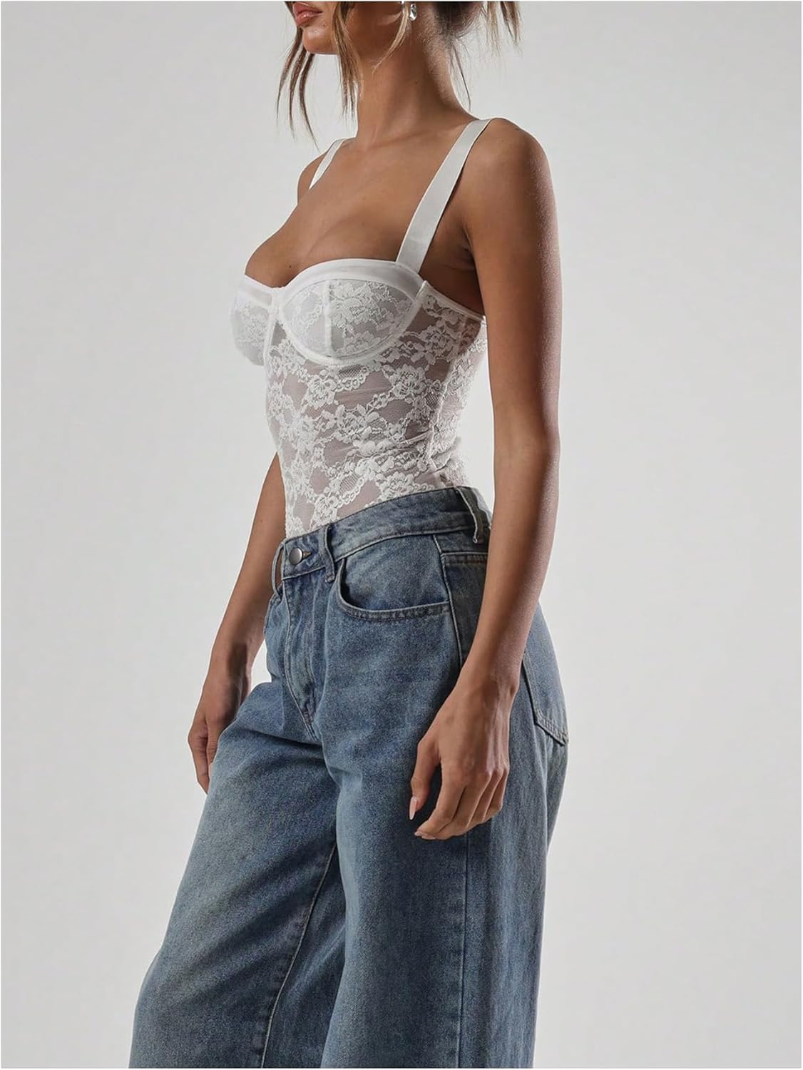 SweatyRocks Women's Sexy Sheer Lace Bodysuit Shirt Spaghetti Strap Bustier Tops Party Clubwear - Image 6