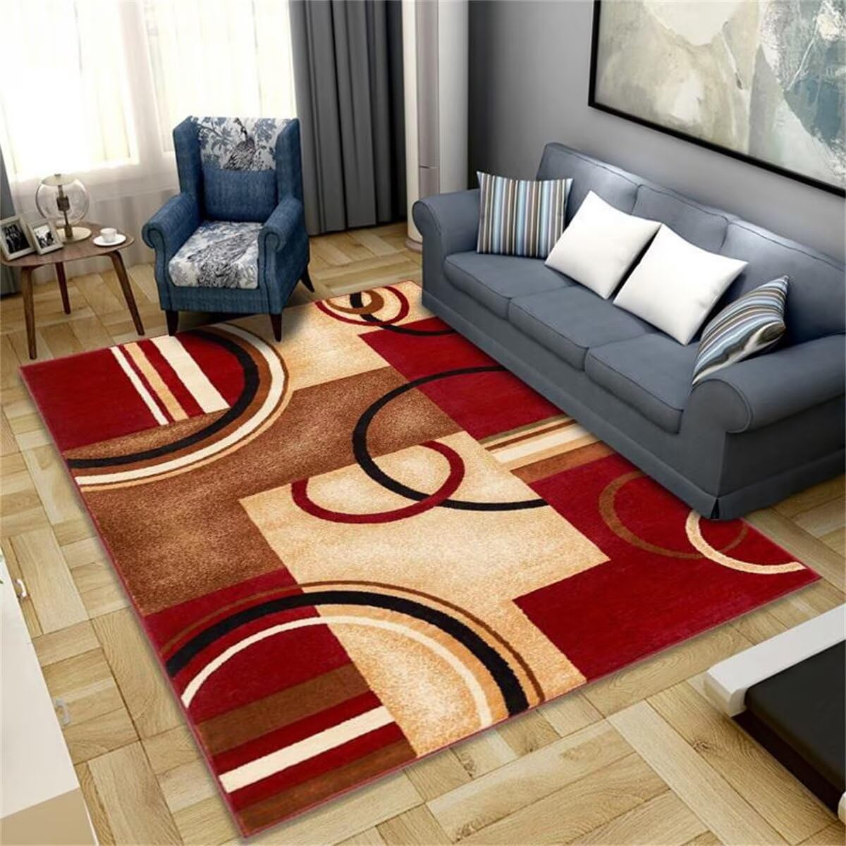 Tapis de salon moderne rouge à motif géométrique rectangulaire