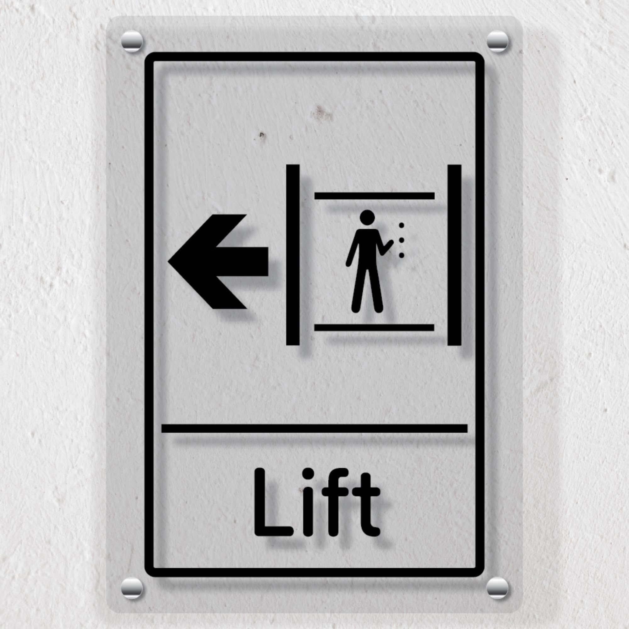 V Safety Lift Arrow Left Acrylic Safety Sign – Directional Lift Location Symbol, Clear Perspex Sign, 200x300mm