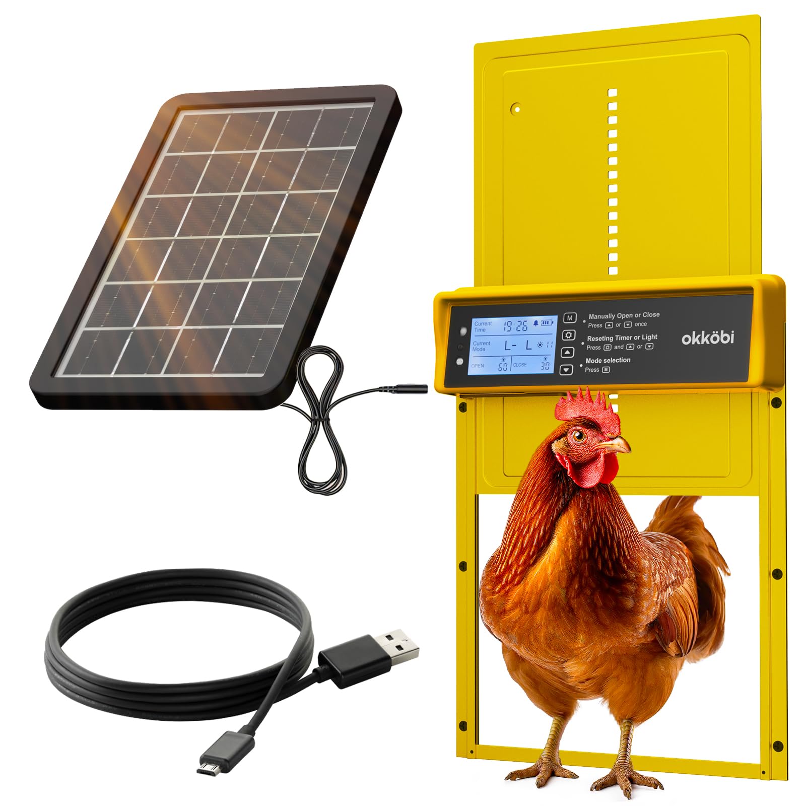 Okkobi Porta Automatica Pollaio Solare - Display LCD - Porta Pollaio con telecomando, Sensore di luce e Timer - Sicurezza e tranquillità: Funzione Antipizzicamento - Protezione di 5 anni