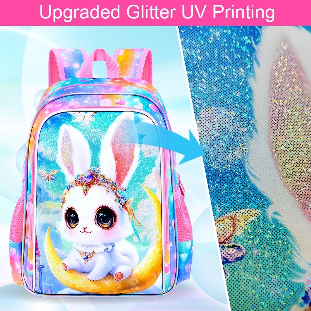 KLFVB 3PCS Girls Rabbit Backpack, Water Resistant Kids Bookbag with Lunch Box, 16" Preschool Backpacks for Elementary - Moon White Rabbit
